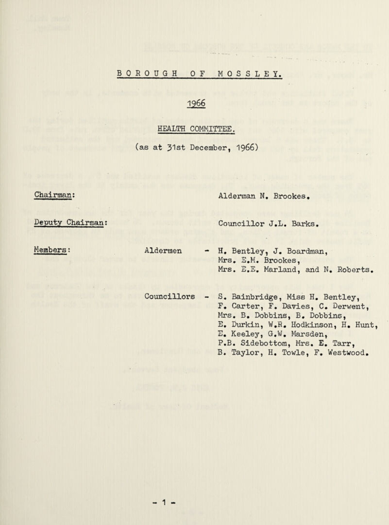 BQROU G H OF MOSSLEY Chairman: Deputy Chairman: Members: 19 66 HEALTH COMMITTEE, (as at 31st December, 1966) Alderman. N. Brookes* Councillor J.L. Barks. Aldermen - H. Bentley, J. Boardman, Mrs. E.M. Brookes, Mrs. E.E. Marland, and N. Roberts. Councillors - S. Bainbridge, Miss H. Bentley, F. Carter, F. Davies, C. Derwent, Mrs. B. Dobbins, B. Dobbins, E. Durkin, W.R. Hodkinson, H. Hunt, E. Keeley, G.W. Marsden, P.B. Sidebottora, Mrs. E. Tarr, B. Taylor, H. Towle, F. Westwood*