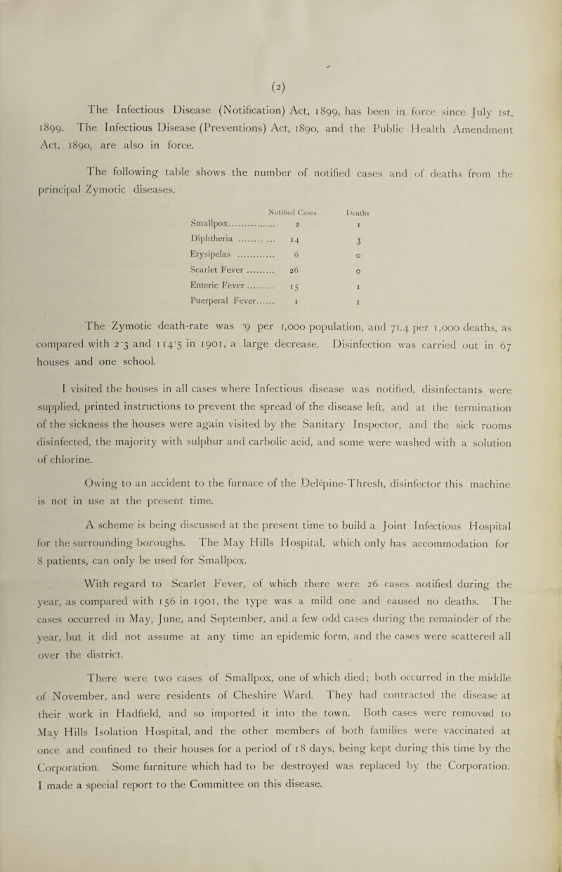 (2) The Infectious Disease (Notification) Act, 1899, has been in force since July 1st, 1899. The Infectious Disease (Preventions) Act, 1890, and the Public Health Amendment Act, 1890, are also in force. The following table shows the number of notified cases and of deaths from the principal Zymotic diseases. Smallpox. Notified Cases I >eaths I Diphtheria . 14 3 Erysipelas . 6 0 Scarlet Fever. O Enteric Fever. 15 I Puerperal Fever.. I The Zymotic death-rate was -9 per 1,000 population, and 71.4 per 1,000 deaths, as compared with 2-3 and 114-5 *n 1901, a large decrease. Disinfection was carried out in 67 houses and one school. I visited the houses in all cases where Infectious disease was notified, disinfectants were supplied, printed instructions to prevent the spread of the disease left, and at the termination of the sickness the houses were again visited by the Sanitary Inspector, and the sick rooms disinfected, the majority with sulphur and carbolic acid, and some were washed with a solution of chlorine. Owing to an accident to the furnace of the Delepine-Thresh, disinfector this machine is not in use at the present time. A scheme'is being discussed at the present time to build a Joint Infectious Hospital for the surrounding boroughs. The May Hills Hospital, which only has accommodation for 8 patients, can only be used for Smallpox. With regard to Scarlet Fever, of which there were 26 cases notified during the year, as compared with 156 in 1901, the type was a mild one and caused no deaths. The cases occurred in May, June, and September, and a few odd cases during the remainder of the year, but it did not assume at any time an epidemic form, and the cases were scattered all over the district. There were two cases of Smallpox, one of which died; both occurred in the middle of November, and were residents of Cheshire Ward. They had contracted the disease at their work in Hadfield, and so imported it into the town. Both cases were removed to May Hills Isolation Hospital, and the other members of both families were vaccinated at once and confined to their houses for a period of 18 days, being kept during this time by the Corporation. Some furniture which had to be destroyed was replaced by the Corporation.