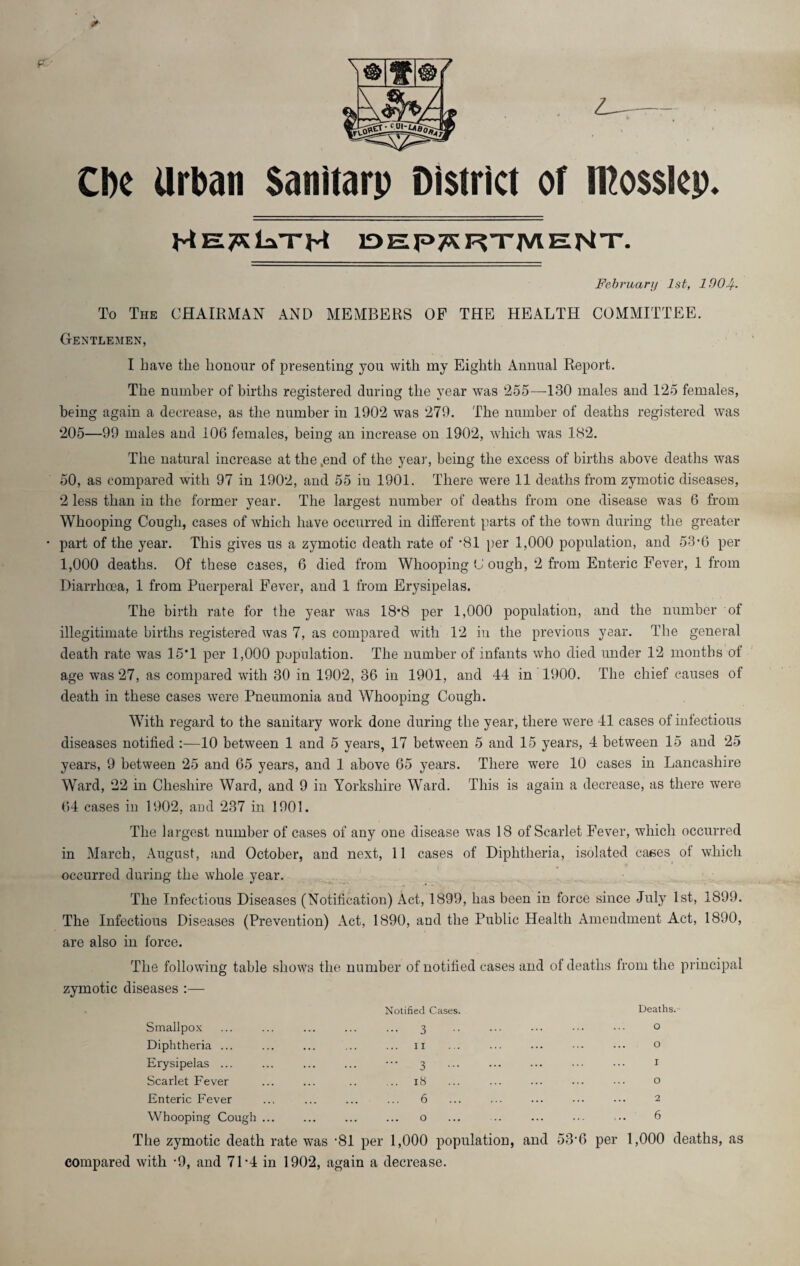 CDe Urban Sanitarp District of mossicp, HET^LaTH OEPARTMENT. February 1st, 1004- To The CHAIRMAN AND MEMBERS OP THE HEALTH COMMITTEE. Gentlemen, I have the honour of presenting you with my Eighth Annual Report. The number of births registered during the year was ‘255—130 males and 125 females, being again a decrease, as the number in 1902 was 279. The number of deaths registered was 205—99 males and 106 females, being an increase on 1902, which was 182. The natural increase at the ,end of the year, being the excess of births above deaths was 50, as compared with 97 in 1902, and 55 in 1901. There were 11 deaths from zymotic diseases, 2 less than in the former year. The largest number of deaths from one disease was 6 from Whooping Cough, cases of which have occurred in different parts of the town during the greater • part of the year. This gives us a zymotic death rate of ‘81 per 1,000 population, and 53'G per 1,000 deaths. Of these cases, 6 died from Whooping C ough, 2 from Enteric Fever, 1 from Diarrhoea, 1 from Puerperal Fever, and 1 from Erysipelas. The birth rate for the year was 18*8 per 1,000 population, and the number of illegitimate births registered was 7, as compared with 12 in the previous year. The general death rate was 16*1 per 1,000 population. The number of infants who died under 12 months of age was 27, as compared with 30 in 1902, 36 in 1901, and 44 in 1900. The chief causes of death in these cases were Pneumonia and Whooping Cough. With regard to the sanitary work done during the year, there were 41 cases of infectious diseases notified :—10 between 1 and 5 years, 17 between 5 and 15 years, 4 between 15 and 25 years, 9 between 25 and 65 years, and 1 above 65 years. There were 10 cases in Lancashire Ward, 22 in Cheshire Ward, and 9 in Yorkshire Ward. This is again a decrease, as there were 64 cases in 1902, and 237 in 1901. The largest number of cases of any one disease was 18 of Scarlet Fever, which occurred in March, August, and October, and next, 11 cases of Diphtheria, isolated ca^es ot which occurred during the whole year. _ The Infectious Diseases (Notification) Act, 1899, has been in force since July 1st, 1899. The Infectious Diseases (Prevention) Act, 1890, and the Public Health Amendment Act, 1890, are also in force. The following table shows the number of notified cases and of deaths from the principal zymotic diseases :— Notified Cases. Deaths. Smallpox . 3 o Diphtheria ... II o Erysipelas ... ••• 3 I Scarlet Fever . i8 o Enteric Fever . 6 2 Whooping Cough ... o . .... 6 The zymotic death rate was •81 per 1,000 population, and 53’6 per 1,000 compared with -9, and 71*4 in 1902, again a decrease.