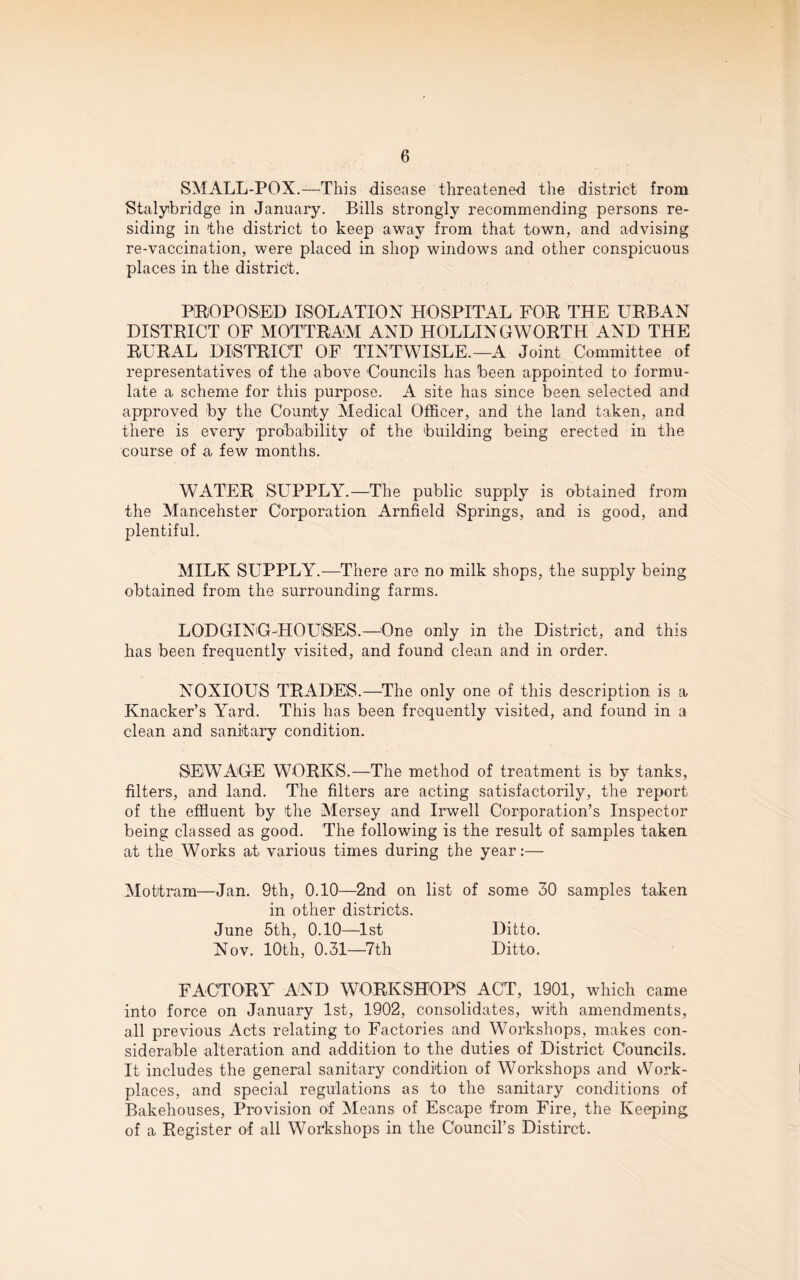 SMALL-POX.—This disease threatened the district from Stalybridge in January. Bills strongly recommending persons re¬ siding in the district to keep away from that town, and advising re-vaccination, were placed in shop windows and other conspicuous places in the district. PROPOSED ISOLATION HOSPITAL FOR THE URBAN DISTRICT OF MOTTRAM AND HOLDING WORTH AND THE RURAL DISTRICT OF TINTWISLE.—A Joint Committee of representatives of the above Councils has been appointed to formu¬ late a scheme for this purpose. A site has since been selected and approved by the County Medical Officer, and the land taken, and there is every probability of the building being erected in the course of a few months. WATER SUPPLY.—The public supply is obtained from the Mancehster Corporation Arnfield Springs, and is good, and plentiful. MILK SUPPLY.—There are no milk shops, the supply being obtained from the surrounding farms. LODGING-HOUSES.—One only in the District, and this has been frequently visited, and found clean and in order. NOXIOUS TRADE'S.—The only one of this description is a Knacker’s Yard. This has been frequently visited, and found in a clean and sanitary condition. SEWAGE WORKS.—The method of treatment is by tanks, filters, and land. The filters are acting satisfactorily, the report of the effluent by the Mersey and Irwell Corporation’s Inspector being classed as good. The following is the result of samples taken at the Works at various times during the year:— Mottram—Jan. 9th, 0.10—2nd on list of some 30 samples taken in other districts. June 5th, 0.10—1st Ditto. Nov. 10th, 0.31—7th Ditto. FACTORY AND WORKSHOPS ACT, 1901, which came into force on January 1st, 1902, consolidates, with amendments, all previous Acts relating to Factories and Workshops, makes con¬ siderable alteration and addition to the duties of District Councils. It includes the general sanitary condition of Workshops and Work¬ places, and special regulations as to the sanitary conditions of Bakehouses, Provision of Means of Escape from Fire, the Keeping of a Register of all Workshops in the Council’s Distirct.