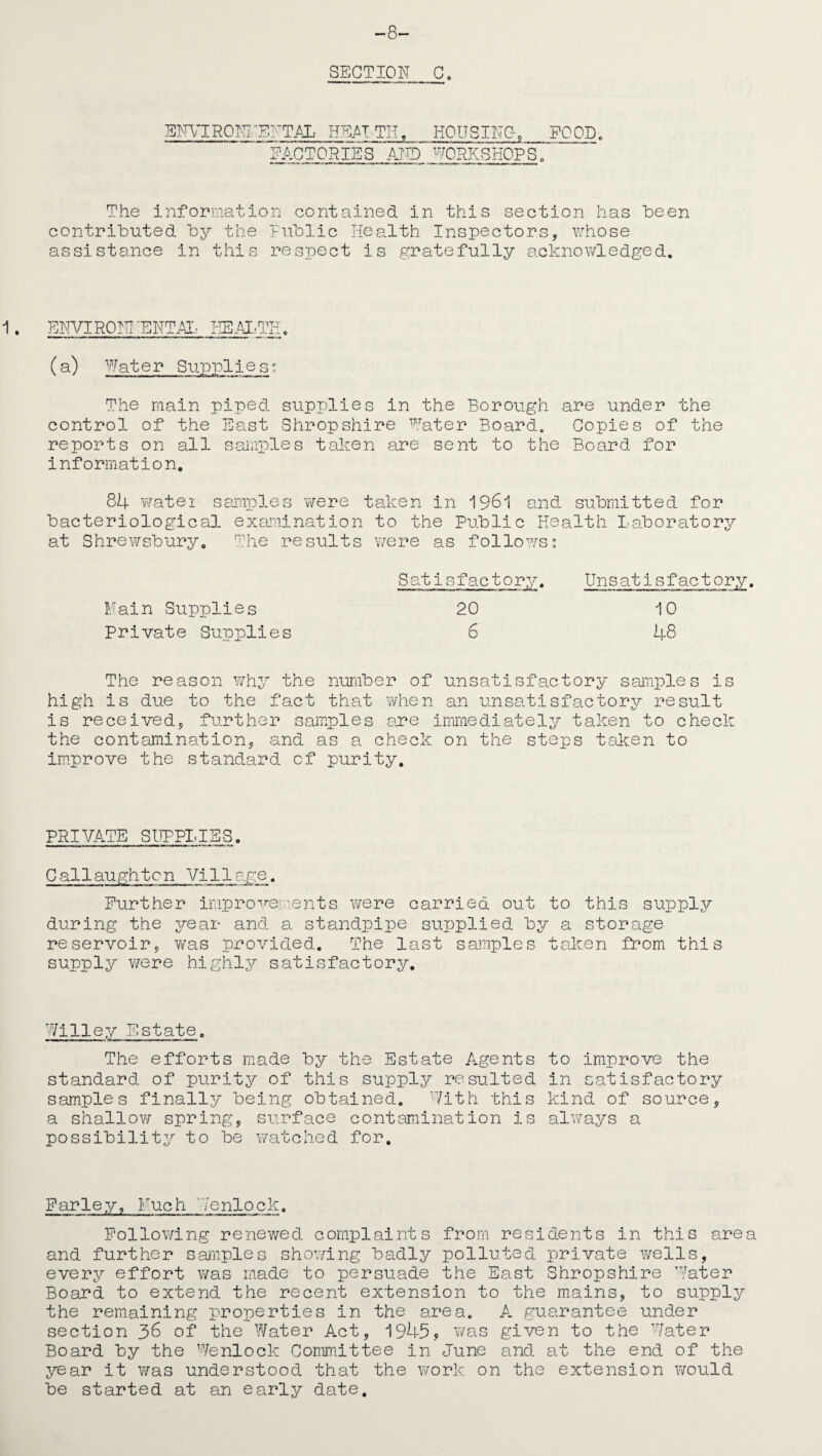 -8- SECTION Co The information contained in this section has been contributed by the Public Health Inspectors, whose assistance in this respect is gratefully acknowledged. The main piped supplies in the Borough are under the control of the East Shropshire Water Board. Copies of the reports on all samples taken are sent to the Board for information. 84 watei samples 'were taken in 1961 and submitted for bacteriological examination to the Public Health Laboratory at Shrewsbury. The results were as follows: Satisfactory. Unsatisfactory Fain Supplies Private Supplies 20 6 10 48 The reason why the number of unsatisfactory samples is high is due to the fact that when an unsatisfactory result is received, further samples are immediately taken to check the contamination, and as a check on the steps taken to improve the standard of purity. PRIVATE SUPPLIES. Callaughtcn Village. Further improvements were carried out to this supply during the year and a standpipe supplied by a storage reservoir, was provided. The last samples taken from this supply were highly satisfactory. Willey Estate. The efforts made by the Estate Agents to improve the standard of purity of this supply resulted in satisfactory samples finally being obtained. With this kind of source, a shallow spring, surface contamination is always a possibility to be watched for. Farley, Fuch /enlock. Following renewed complaints from residents in this area and further samples showing badly polluted private wells, every effort was made to persuade the East Shropshire Water Board to extend the recent extension to the mains, to supply the remaining properties in the area. A guarantee under section 36 of the Water Act, 1945? was given to the Water Board by the Wenlock Committee in June and at the end of the year it was understood that the work on the extension would be started at an early date.