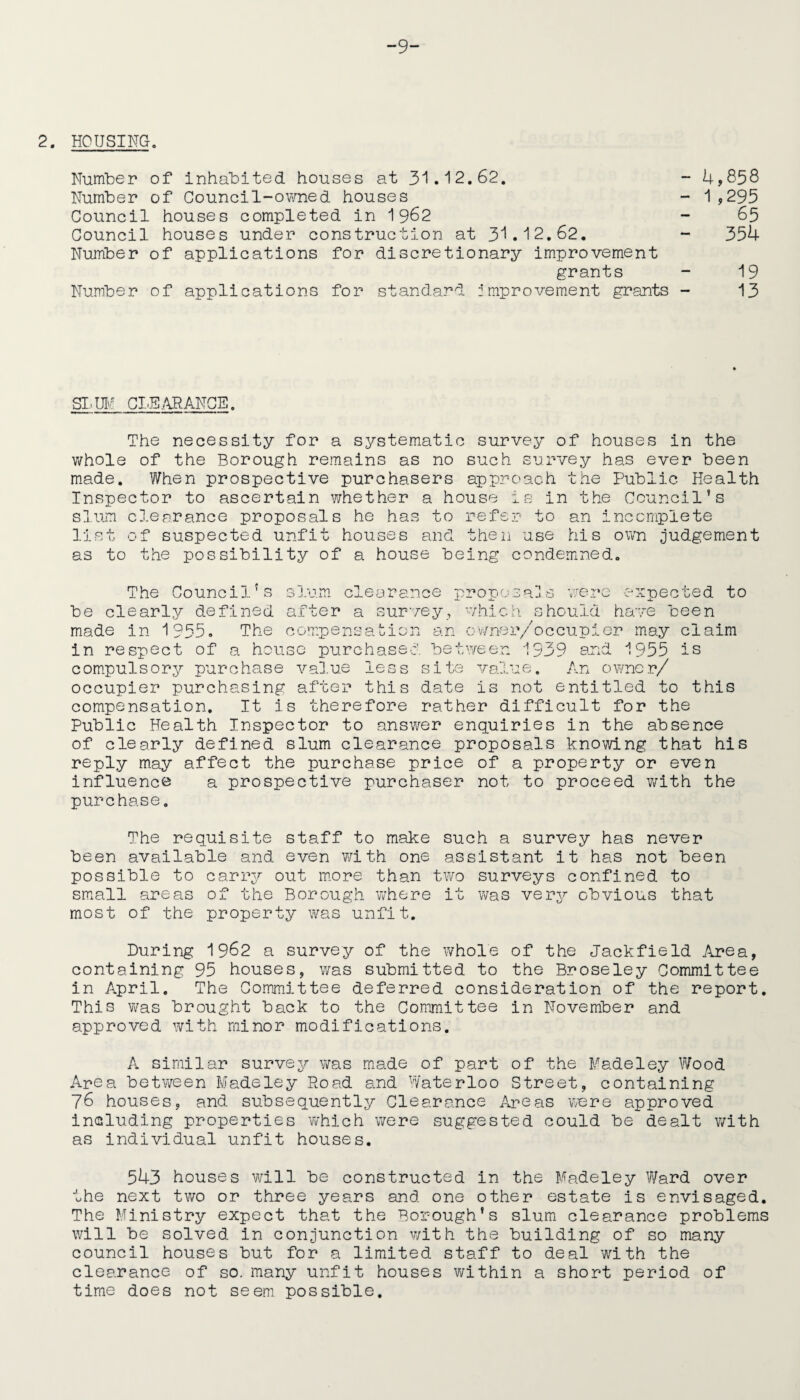 9- 2. HOUSING. Number of inhabited houses at 31.12.62. - 4,858 Number of Council-owned houses - 1 ,295 Council houses completed in 1962 - 85 Council houses under construction at 3*1.12.62. - 354 Number of applications for discretionary improvement grants - 19 Number of applications for standard Improvement grants - 13 SLUM CLEARANCE. The necessity for a systematic survey of houses in the whole of the Borough remains as no such survey has ever been made. When prospective purchasers approach the Public Health Inspector to ascertain whether a house is in the Council’s slum clearance proposals he has to refer to an incomplete list of suspected unfit houses and then use his own judgement as to the possibility of a house being condemned. The Council’s slum c be clearly defined after .eo ranee propo: ;als cer xpected to The compe nsa ti a house purehas a survey, which should have been an owner/occupier may claim ween 1939 and 1955 is be-'- made in 1955. in respect of compulsory purchase value less site value. An owner/ occupier purchasing after this date is not entitled to this compensation. It is therefore rather difficult for the Public Health Inspector to answer enquiries in the absence of clearly defined slum clearance proposals knowing that his reply may affect the purchase price of a property or even influence a prospective purchaser not to proceed with the purchase. The requisite staff to make such a survey has never been available and even with one assistant it has not been possible to carry out more than two surveys confined to small areas of the Borough wThere it was very obvious that most of the property was unfit. During 19&2 a survey of the whole of the Jackfield Area, containing 95 houses, was submitted to the Broseley Committee in April. The Committee deferred consideration of the report. This was brought back to the Committee in November and approved with minor modifications. A similar survey was made of part of the Fadeley Wood Area between Madeley Road and Waterloo Street, containing 76 houses, and subsequently Clearance Areas were approved including properties which were suggested could be dealt with as individual unfit houses. 543 houses will be constructed in the Madeley Ward over the next two or three years and one other estate is envisaged. The Ministry expect that the Borough's slum clearance problems will be solved in conjunction v/ith the building of so many council houses but for a limited staff to deal with the clearance of so. many unfit houses within a short period of time does not seem possible.