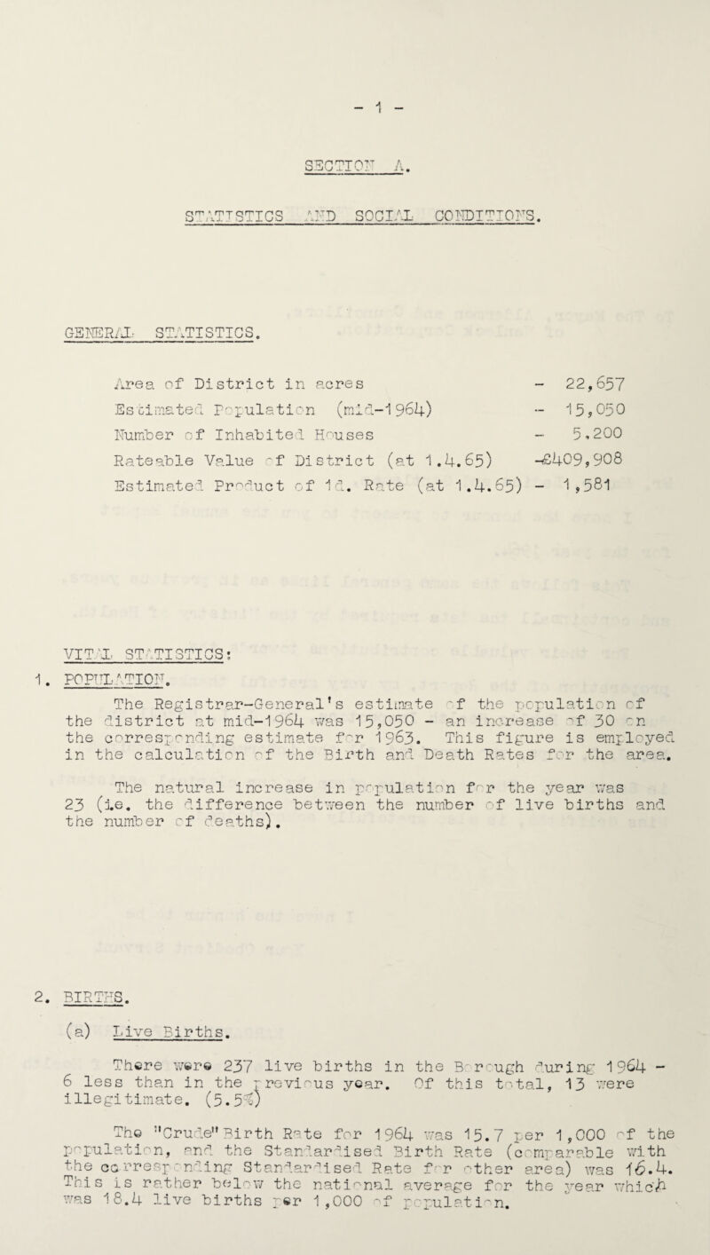 SECTION A 1 V STATISTICS AFP SOCIAL CONDITIONS. GENERAL STATISTICS. Area of District in acres - 22,657 Estimated Population (mi&-1964) - 15?050 Number of Inhabited Hnuses - 5-200 Rateable Value of District (at 1.4.65) -£409,908 Estimated Product of Id. Rate (at 1.4.65) - 1,581 VIT X STATISTICS: 1. POPULATION. The Registrar-General’s estimate of the population of the district at mid-1964 was 15,050 - an increase of 30 on the corresponding estimate for 1983. This figure is employed in the calculation of the Birth and Death Rates for the area. The natural increase in population for the year was 23 (le. the difference between the number of live births and the number of deaths). (a) Live Births. There were 237 live births in the Br rough during 1984 - 6 less than in the previous year. Of this total, 13 were illegitimate. (5*5%) The ’’Crude Birth Rate for 1964 was 15.7 per 1,000 of the population, and the Standardised Birth Rate (comparable with the corresponding Standardised Rate for other area) was i6.4. This is rather below the national average for the year whic<4 was 18.4 live births per 1 ,000 of population.