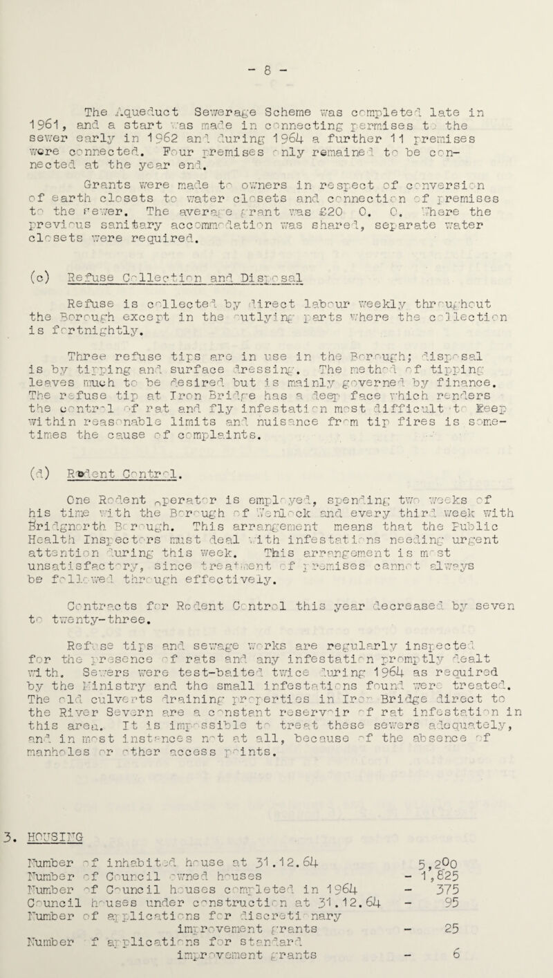 The Aqueduct Sewerage Scheme was completed late in 1961, and a start v:as made in connecting permlses t the sewer early in 1962 and during 1964 a further 11 premises were connected. Pour premises only remained to be con¬ nected at the year end. Grants were made to owners in respect of conversion of earth closets to water closets and connection of premises to the Fewer. The average grant was £20 0. 0. There the previous sanitary accommodation was shared, separate water closets were required. (c) Refuse Co 1 lection and Disposal Refuse is collected by direct labour weekly throughout the Borough except in the outlying pants where the collection is fortnightly. Three refuse tips are in use in the Borough; disposal is by tipping and surface dressing-. The method of tipping leaves much to be desired but i s mainly governed by finance. The refuse tip at Iron Bridge has a deep face which renders the control of rat and fly infestation most difficult *to keep within reasonable limits and nuisance frrm tip fires is some¬ times the cause of complaints. (d) R-odent Control. One Rodent nperator is employed, spending two weeks of his time with the Borough of Tsnlock and every third week with Bridgnorth Be rough. This arrangement means that the Public Health Inspectors must deal with infestations needing: urgent attention during this week. This arrangement is most unsatisfactory, since treatment of premises cannot always be followed through effectively. Cc Jontracts for Rodent Control this year decreased by seven t o t we nt y-1 hr e e. Refu.se tips and sewage works are regularly inspected for the presence of rats and any infestation promptly dealt with. Sewers were test-baited twice iuring 1964 as required by the Ministry and the small infestations found were treated. The old culverts draining properties in Iro^ Bridge direct to the River Severn are a constant reservoir of rat infestation in this area. It is impossible to treat these sewers adequately, and in most instances n^t at all, because of the absence of manholes or other access points. 3. HOUSING Humber of inhabited house at 31.12.64 5,2?0 Humber of Council owned houses - 1,825 Humber of Council houses completed in 1964 - 375 Council houses under construction at 31.12.64 - 95 Humber of applications for discreti nary improvement grants - 25 Humber f applications for standard improvement grants - 6