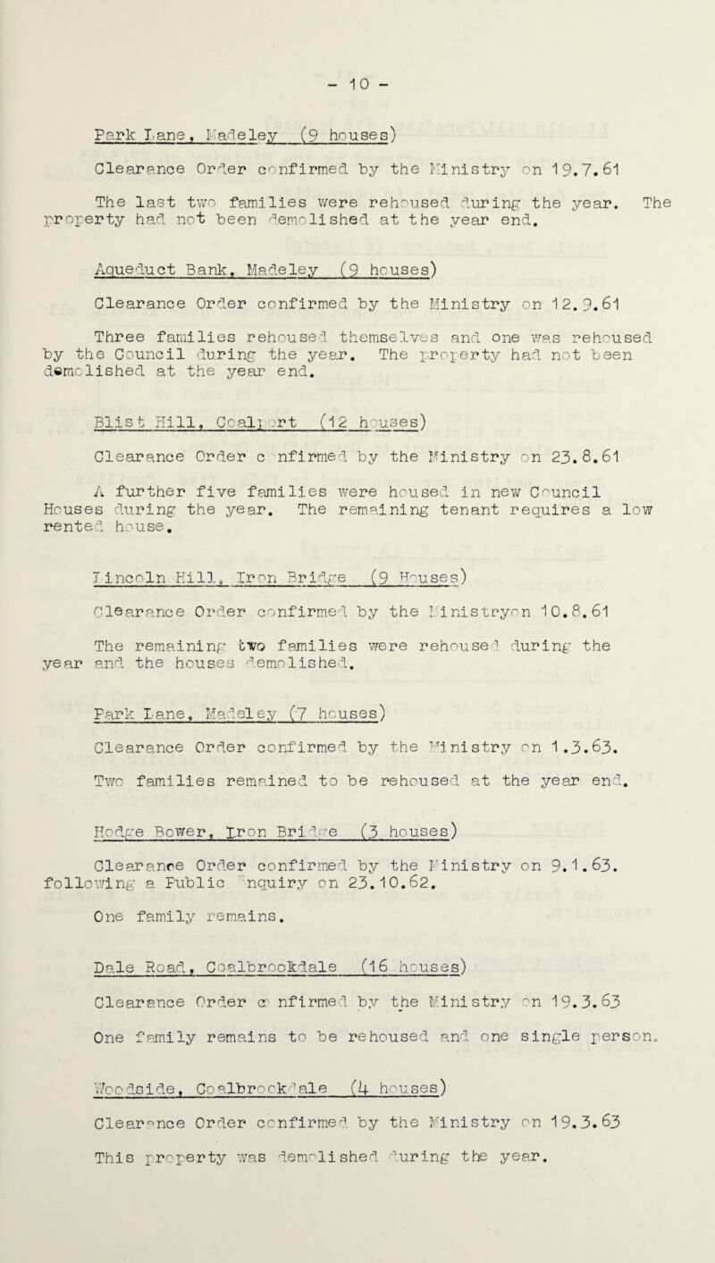 Park Lane, Made ley (9 houses) Clearance Order confirmed by the Ministry on 19.7.61 The last two families were rehoused during the year. The property had not been demolished at the year end. Aqueduct Bank. Madeley (9 houses) Clearance Order confirmed by the Ministry on 12.9.61 Three families rehoused themselves and one was rehoused by the Council during the year. The property had not been demolished at the year end. Blisfr Hill. Coalport (12 houses) Clearance Order confirmed by the Ministry on 23.8.61 A further five families were housed in new Council Houses during the year. The remaining tenant requires a low rented house. Tincoln Kill, Iron Bridge (9 Houses) Clearance Order confirmed by the Ministryon 10.8.61 The remaining tvo families were rehoused during the year and the houses demolished. Park Lane. Madeley (7 houses) Clearance Order confirmed by the Ministry on 1.3.63. Two families remained to be rehoused at the year end. Hodge Bower. Iron Bridge (3 houses) Clearance Order confirmed by the Ministry on 9.1.63. following a Public nquiry on 23.10.62. One family remains. Dale Road, Coalbrookdale (16 houses) Clearance Order cr nfirmed by the Ministry on 19.3.63 One family remains to be rehoused and one single person. V/oodside, Co alb rock -ale (4 houses) Clearance Order confirmed by the Ministry on 19.3.63 This property was demolished during the year.