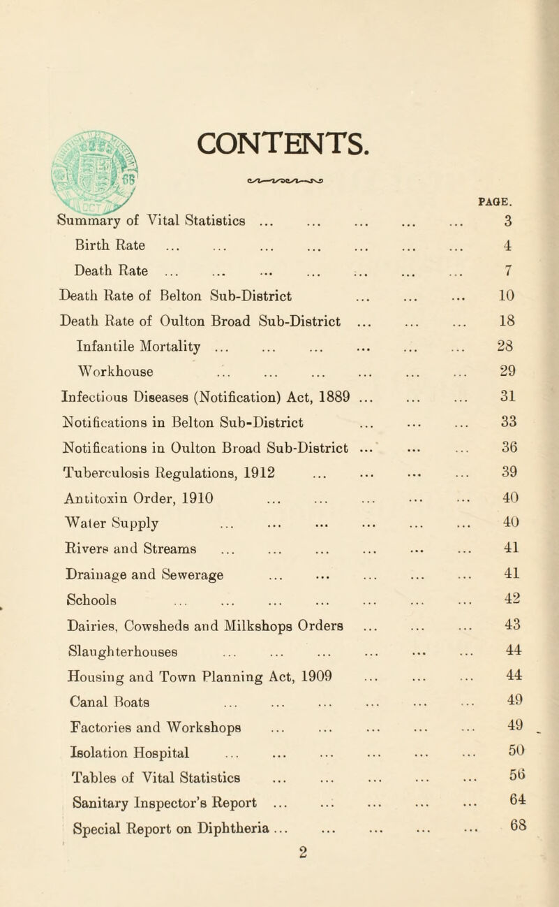 CONTENTS Death Rate ... Death Rate of Belton Sub-District Death Rate of Oulton Broad Sub-District . Infantile Mortality ... Workhouse Infectious Diseases (Notification) Act, 1889 . Notifications in Belton Sub-District Notifications in Oulton Broad Sub-District . Tuberculosis Regulations, 1912 Antitoxin Order, 1910 Water Supply Rivers and Streams Drainage and Sewerage Schools Dairies, Cowsheds and Milkshops Orders Slaughterhouses Housing and Town Planning Act, 1909 Canal Boats Factories and Workshops Isolation Hospital Tables of Vital Statistics Sanitary Inspector’s Report ... Special Report on Diphtheria ... PAGE. 3 4 7 10 18 28 29 31 33 36 39 40 40 41 41 42 43 44 44 49 49 50 56 64 68