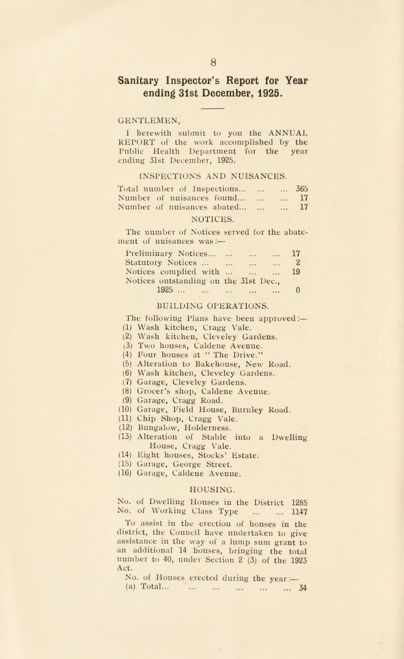 Sanitary Inspector’s Report for Year ending 31st December, 1925. gentlemen, 1 herewith submit to you the ANNUAL REPORT of the work accomplished by the Public Health Department for the year ending 31st December, 1925. INSPECTIONS AND NUISANCES. Total number of Inspections. 365 Number of nuisances found. 17 Number of nuisances abated. 17 NOTICES. The number of Notices served for the abate¬ ment of nuisances was :— Preliminary Notices. ... ... 17 Statutory Notices. 2 Notices complied with. 19 Notices outstanding on the 31st Dec., 1925 . 0 BUILDING OPERATIONS. The following Plans have been approved:— (1) Wash kitchen, Gragg Vale. (2) Wash kitchen, Cleveley Gardens. i3) Two houses, Caldene Avenue. (4) Four houses at “ The Drive.” (5) Alteration to Bakehouse, New Road. (6) Wash kitchen, Cleveley Gardens. (7) Garage, Cleveley Gardens. (8) Grocer's shop, Caldene Avenue. (9) Garage, Cragg Road. (10) Garage, Field House, Burnley Road. (11) Chip Shop, Cragg Vale. (12) Bungalow, Holderness. (13) Alteration of Stable into a Dwelling House, Cragg Vale. (14) Eight houses, Stocks’ Estate. (15) Garage, George Street. (16) Garage, Caldene Avenue. HOUSING. No. of Dwelling Houses in the District 1285 No. of Working Class Type . 1147 l'o assist in the erection of houses in the district, the Council have undertaken to give assistance in the way of a lump sum grant to an additional 14 houses, bringing the total number to 40, under Section 2 (3) of the 1923 Act. No. of Houses erected during the year:— (a) Total.34