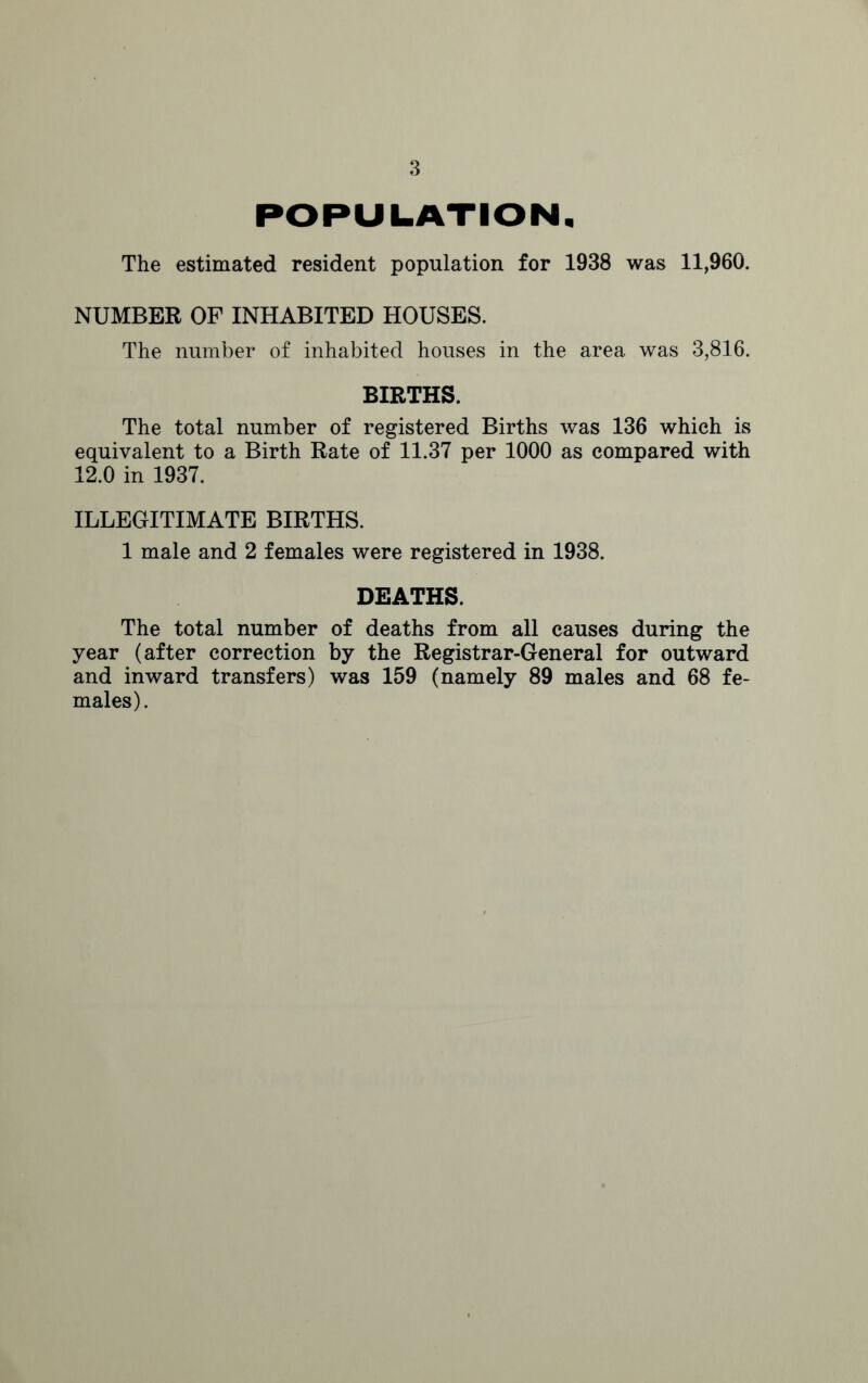 POPULATION, The estimated resident population for 1938 was 11,960. NUMBER OF INHABITED HOUSES. The number of inhabited houses in the area was 3,816. BIRTHS. The total number of registered Births was 136 which is equivalent to a Birth Rate of 11.37 per 1000 as compared with 12.0 in 1937. ILLEGITIMATE BIRTHS. 1 male and 2 females were registered in 1938. DEATHS. The total number of deaths from all causes during the year (after correction by the Registrar-General for outward and inward transfers) was 159 (namely 89 males and 68 fe¬ males).