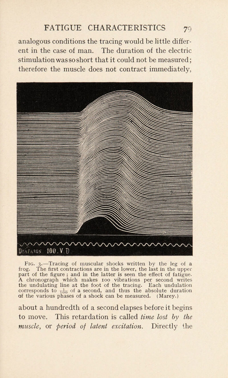 analogous conditions the tracing would be little differ- ent in the case of man. The duration of the electric stimulation was so short that it could not be measured; therefore the muscle does not contract immediately, Fig. 3.—Tracing of muscular shocks written by the leg of a frog. The first contractions are in the lower, the last in the upper part of the figure ; and in the latter is seen the effect of fatigue. A chronograph which makes 100 vibrations per second writes the undulating line at the foot of the tracing. Each undulation corresponds to of a second, and thus the absolute duration of the various phases of a shock can be measured. (Marey.) about a hundredth of a second elapses before it begins to move. This retardation is called time lost by the muscle, or period of latent excitation. Directly the