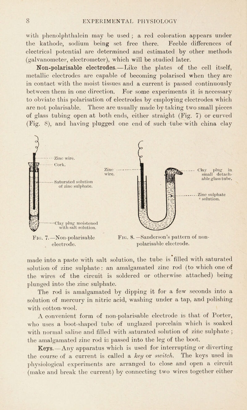 with phenolphthalein may be used ; a red coloration appears under the kathode, sodium being set free there. Feeble differences of electrical potential are determined and estimated by other methods (galvanometer, electrometer), which will be studied later. Non-polarisable electrodes.—Like the plates of the cell itself, metallic electrodes are capable of becoming polarised when they are in contact with the moist tissues and a current is passed continuously between them in one direction. For some experiments it is necessary to obviate this polarisation of electrodes by employing electrodes which are not polarisable. These are usually made by taking two small pieces of glass tubing open at both ends, either straight (Fig. 7) or curved (Fig. 8), and having plugged one end of such tube with china clay Fig. 7.—Non-polarisable electrode. Zinc wire. Ckiy plug in small detach- able glass tube. Zinc sulphate solution. Fig. 8. —Sanderson’s pattern of non- polarisable electrode. made into a paste with salt solution, the tube is filled with saturated solution of zinc sulphate : an amalgamated zinc rod (to which one of the wires of the circuit is soldered or otherwise attached) being plunged into the zinc sulphate. The rod is amalgamated by dipping it for a few seconds into a solution of mercury in nitric acid, washing under a tap, and polishing with cotton-wool. A convenient form of non-polarisable electrode is that of Porter, who uses a boot-shaped tube of unglazed porcelain which is soaked with normal saline and filled with saturated solution of zinc sulphate ; the amalgamated zinc rod is passed into the leg of the boot. Keys.—Any apparatus which is used for interrupting or diverting the course of a current is called a key or switch. The keys used in physiological experiments are arranged to close and open a circuit (make and break the current) by connecting two wires together either