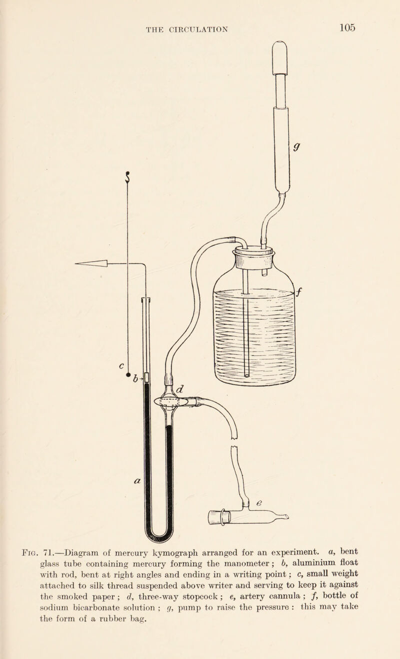 Fig. 71.—Diagram of mercury kymograph arranged for an experiment, a, bent glass tube containing mercury forming the manometer; b, aluminium float with rod, bent at right angles and ending in a writing point; c, small weight attached to silk thread suspended above writer and serving to keep it against the smoked paper ; d, three-way stopcock ; e, artery cannula ; f, bottle of sodium bicarbonate solution ; r/, pump to raise the pressure : this may take the form of a rubber bag.