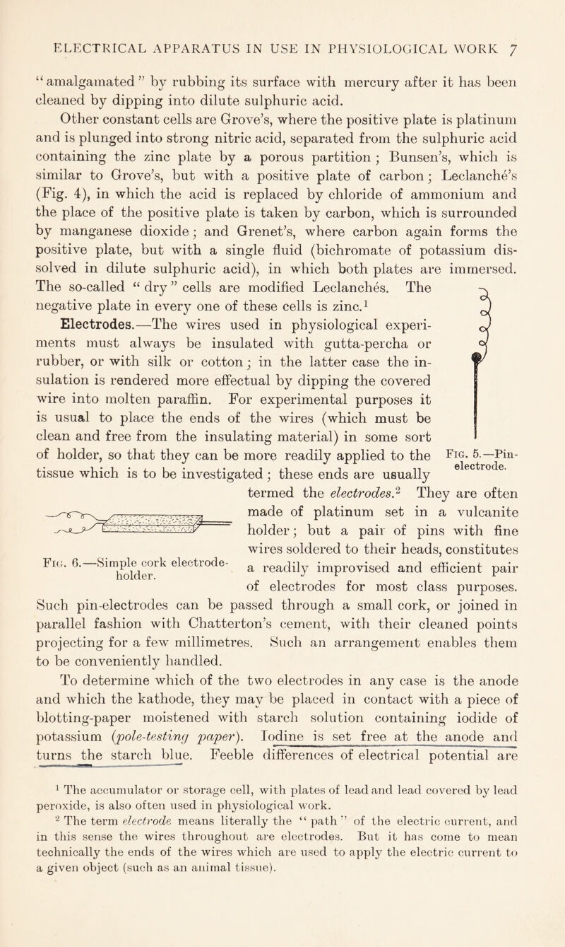 “amalgamated ” by rubbing its surface with mercury after it has been cleaned by dipping into dilute sulphuric acid. Other constant cells are Grove’s, where the positive plate is platinum and is plunged into strong nitric acid, separated from the sulphuric acid containing the zinc plate by a porous partition ; Bunsen’s, which is similar to Grove’s, but with a positive plate of carbon; Leclanche’s (Fig. 4), in which the acid is replaced by chloride of ammonium and the place of the positive plate is taken by carbon, which is surrounded by manganese dioxide • and Grenet’s, where carbon again forms the positive plate, but with a single fluid (bichromate of potassium dis- solved in dilute sulphuric acid), in which both plates are immersed. The so-called “ dry ” cells are modified Leclanches. The negative plate in every one of these cells is zinc.1 Electrodes.—The wires used in physiological experi- ments must always be insulated with gutta-percha or rubber, or with silk or cotton; in the latter case the in- sulation is rendered more effectual by dipping the covered wire into molten paraffin. For experimental purposes it is usual to place the ends of the wires (which must be clean and free from the insulating material) in some sort of holder, so that they can be more readily applied to the tissue which is to be investigated; these ends are usually termed the electrodes.'2 They are often made of platinum set in a vulcanite holder; but a pair of pins with fine wires soldered to their heads, constitutes a readily improvised and efficient pair of electrodes for most class purposes. Such pin-electrodes can be passed through a small cork, or joined in parallel fashion with Chatterton’s cement, with their cleaned points projecting for a few millimetres. Such an arrangement enables them to be conveniently handled. To determine which of the two electrodes in any case is the anode and which the kathode, they may be placed in contact with a piece of blotting-paper moistened with starch solution containing iodide of potassium (pole-testing paper). Iodine is set free at the anode and turns the starch blue. Feeble differences of electrical potential are Fig. 5.—Pin- electrode. Fig. 6.—Simple cork electrode- holder. 1 The accumulator or storage cell, with plates of lead and lead covered by lead peroxide, is also often used in physiological work. 2 The term electrode means literally the “ path ” of the electric current, and in this sense the wires throughout are electrodes. But it has come to mean technically the ends of the wires which are used to apply the electric current to a given object (such as an animal tissue).