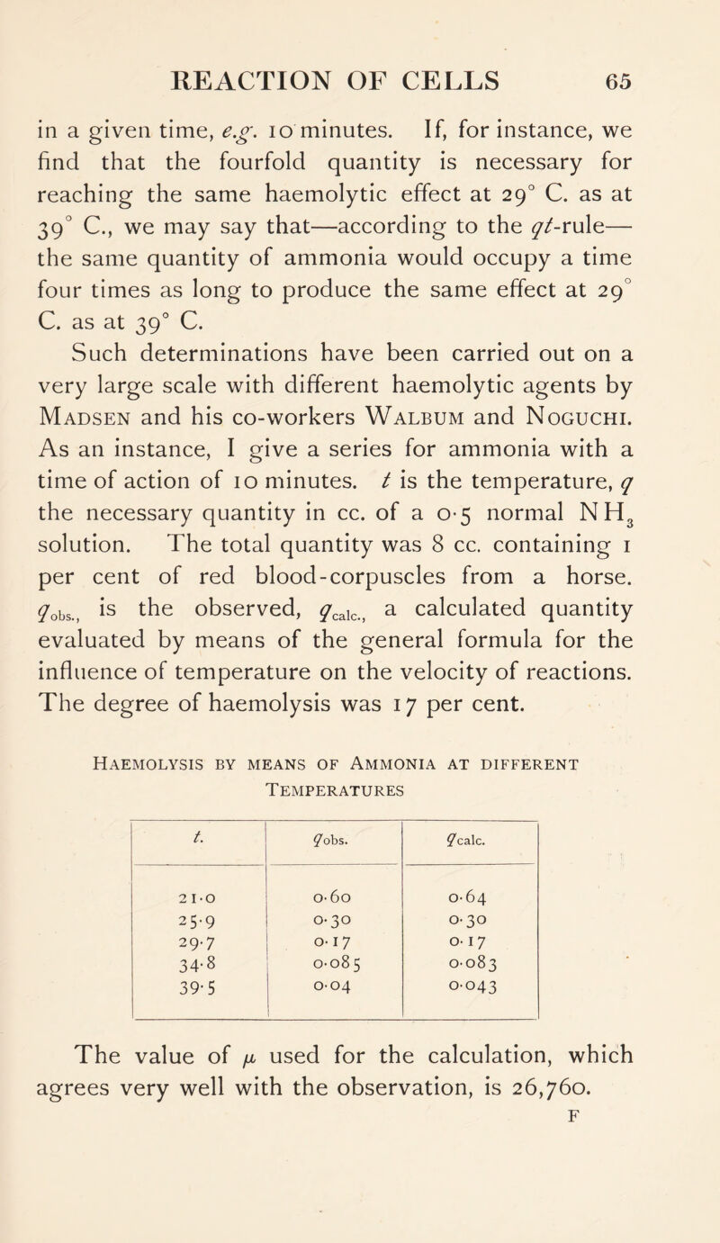 in a given time, e.g. io minutes. If, for instance, we find that the fourfold quantity is necessary for reaching the same haemolytic effect at 290 C. as at 39° C., we may say that—according to the y/-rule— the same quantity of ammonia would occupy a time four times as long to produce the same effect at 29° C. as at 390 C. Such determinations have been carried out on a very large scale with different haemolytic agents by Madsen and his co-workers Walbum and Noguchi. As an instance, I give a series for ammonia with a time of action of 10 minutes, t is the temperature, q the necessary quantity in cc. of a 0-5 normal NH3 solution. The total quantity was 8 cc. containing 1 per cent of red blood-corpuscles from a horse. yobs is the observed, ^calC) a calculated quantity evaluated by means of the general formula for the influence of temperature on the velocity of reactions. The degree of haemolysis was 17 per cent. Haemolysis by means of Ammonia at different Temperatures t. ^obs. Q calc. 2 1-0 060 064 25-9 0-30 0-30 29.7 o-17 0 17 34-8 0 6 co Ul 0-083 39-5 0-04 0-043 The value of /jl used for the calculation, which agrees very well with the observation, is 26,760. F