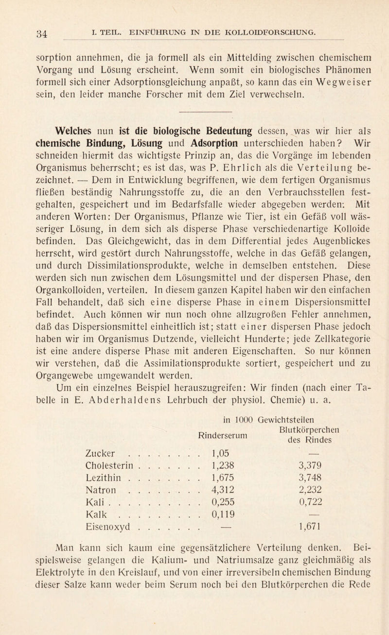 Sorption annehmen, die ja formell als ein Mittelding zwischen chemischem Vorgang und Lösung erscheint. Wenn somit ein biologisches Phänomen formell sich einer Adsorptionsgleichung anpaßt, so kann das ein Wegweiser sein, den leider manche Forscher mit dem Ziel verwechseln. Welches nun ist die biologische Bedeutung dessen, was wir hier als chemische Bindung, Lösung und Adsorption unterschieden haben? Wir schneiden hiermit das wichtigste Prinzip an, das die Vorgänge im lebenden Organismus beherrscht; es ist das, was P. Ehrlich als die Verteilung be- zeichnet. — Dem in Entwicklung begriffenen, wie dem fertigen Organismus fließen beständig Nahrungsstoffe zu, die an den Verbrauchsstellen fest- gehalten, gespeichert und im Bedarfsfälle wieder abgegeben werden: Mit anderen Worten: Der Organismus, Pflanze wie Tier, ist ein Gefäß voll wäs- seriger Lösung, in dem sich als disperse Phase verschiedenartige Kolloide befinden. Das Gleichgewicht, das in dem Differential jedes Augenblickes herrscht, wird gestört durch Nahrungsstoffe, welche in das Gefäß gelangen, und durch Dissimilationsprodukte, welche in demselben entstehen. Diese werden sich nun zwischen dem Lösungsmittel und der dispersen Phase, den Organkolloiden, verteilen. In diesem ganzen Kapitel haben wir den einfachen Fall behandelt, daß sich eine disperse Phase in einem Dispersionsmittel befindet. Auch können wir nun noch ohne allzugroßen Fehler annehmen, daß das Dispersionsmittel einheitlich ist; statt einer dispersen Phase jedoch haben wir im Organismus Dutzende, vielleicht Plünderte; jede Zellkategorie ist eine andere disperse Phase mit anderen Eigenschaften. So nur können wir verstehen, daß die Assimilationsprodukte sortiert, gespeichert und zu Organgewebe umgewandelt werden. Um ein einzelnes Beispiel herauszugreifen: Wir finden (nach einer Ta- belle in E. Abderhaldens Lehrbuch der physiol. Chemie) u. a. Zucker Cholesterin Lezithin . Natron Kali . . . Kalk . . Eisenoxyd in 1000 Gewichtsteilen Rinderserum . 1,05 . 1,238 . 1,675 . 4,312 . 0,255 . 0,119 Blutkörperchen des Rindes 3,379 3,748 2,232 0,722 1,671 Man kann sich kaum eine gegensätzlichere Verteilung denken. Bei- spielsweise gelangen die Kalium- und Natriumsalze ganz gleichmäßig als Elektrolyte in den Kreislauf, und von einer irreversibeln chemischen Bindung dieser Salze kann weder beim Serum noch bei den Blutkörperchen die Rede