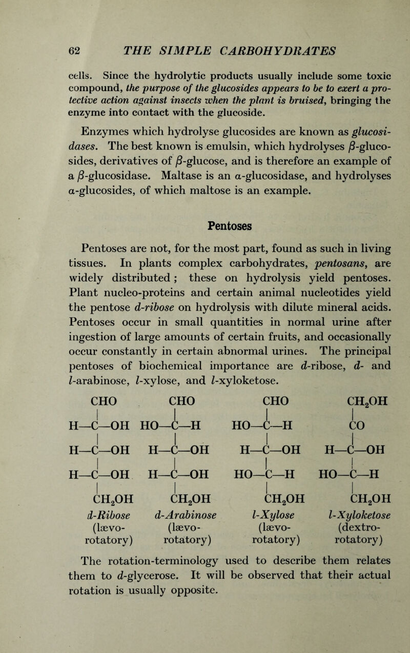 cells. Since the hydrolytic products usually include some toxic compound, the purpose of the glucosides appears to be to exert a pro- tective action against insects when the plant is bruised, bringing the enzyme into contact with the glucoside. Enzymes which hydrolyse glucosides are known as glucosi- dases. The best known is emulsin, which hydrolyses /2-gluco- sides, derivatives of /2-glucose, and is therefore an example of a /3-glucosidase. Maltase is an a-glucosidase, and hydrolyses a-glucosides, of which maltose is an example. Pentoses Pentoses are not, for the most part, found as such in living tissues. In plants complex carbohydrates, pentosans, are widely distributed; these on hydrolysis yield pentoses. Plant nucleo-proteins and certain animal nucleotides yield the pentose d-ribose on hydrolysis with dilute mineral acids. Pentoses occur in small quantities in normal urine after ingestion of large amounts of certain fruits, and occasionally occur constantly in certain abnormal urines. The principal pentoses of biochemical importance are d-ribose, d- and Z-arabinose, Z-xylose, and Z-xyloketose. CHO CHO H—C—OH HO J-H H—C—OH H—C—OH I H—C—OH I ch2oh d-Ribose (laevo- rotatory) i H—C—OH I ch2oh d-Arabinose (laevo- rotatory) CHO i HO—C-H I H—C—OH HO—L-H I ch2oh l-Xylose (laevo- rotatory) ch2oh I CO H—C—OH I HO—C—H I ch2oh l-Xyloketose (dextro- rotatory) The rotation-terminology used to describe them relates them to d-glycerose. It will be observed that their actual rotation is usually opposite.