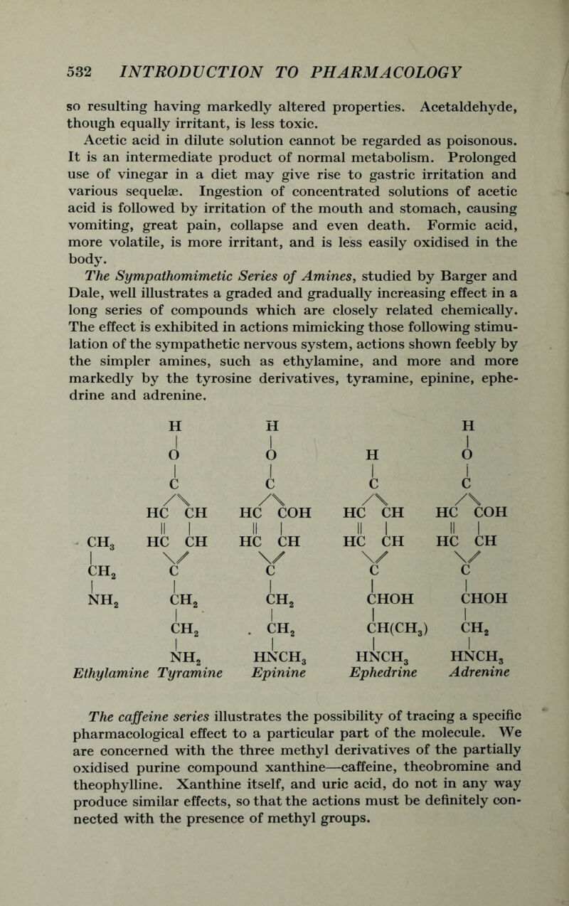 so resulting having markedly altered properties. Acetaldehyde, though equally irritant, is less toxic. Acetic acid in dilute solution cannot be regarded as poisonous. It is an intermediate product of normal metabolism. Prolonged use of vinegar in a diet may give rise to gastric irritation and various sequelae. Ingestion of concentrated solutions of acetic acid is followed by irritation of the mouth and stomach, causing vomiting, great pain, collapse and even death. Formic acid, more volatile, is more irritant, and is less easily oxidised in the body. The Sympathomimetic Series of Amines, studied by Barger and Dale, well illustrates a graded and gradually increasing effect in a long series of compounds which are closely related chemically. The effect is exhibited in actions mimicking those following stimu- lation of the sympathetic nervous system, actions shown feebly by the simpler amines, such as ethylamine, and more and more markedly by the tyrosine derivatives, tyramine, epinine, ephe- drine and adrenine. CH3 I CH, H I O I c /\ HC CH II I HC CH H I O HC COH II I HC CH H O HC CH HC COH II I II I HC CH HC CH nh2 ch2 ch2 CHOH CHOH 1 CH2 . ch2 | CH(CH3) | ch2 1 nh2 1 hnch3 hnch3 1 hnch3 Ethylamine Tyramine Epinine Ephedrine Adrenine The caffeine series illustrates the possibility of tracing a specific pharmacological effect to a particular part of the molecule. We are concerned with the three methyl derivatives of the partially oxidised purine compound xanthine—caffeine, theobromine and theophylline. Xanthine itself, and uric acid, do not in any way produce similar effects, so that the actions must be definitely con- nected with the presence of methyl groups.