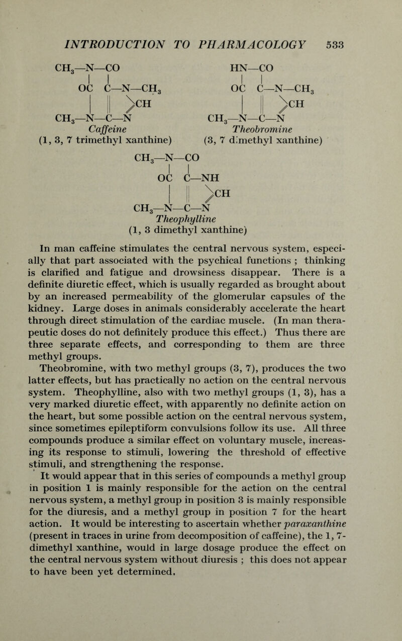 CH3—N—CO HN—CO I I OC C—N—CH3 OC C—N—CH3 I II /CH CH3—N—C—N CH3—N—C—N Caffeine (1, 3, 7 trimethyl xanthine) Theobromine (3, 7 dimethyl xanthine) CH3—N—CO I I OC C—NH /CH CH3—N—C—N Theophylline (1,3 dimethyl xanthine) In man caffeine stimulates the central nervous system, especi- ally that part associated with the psychical functions ; thinking is clarified and fatigue and drowsiness disappear. There is a definite diuretic effect, which is usually regarded as brought about by an increased permeability of the glomerular capsules of the kidney. Large doses in animals considerably accelerate the heart through direct stimulation of the cardiac muscle. (In man thera- peutic doses do not definitely produce this effect.) Thus there are three separate effects, and corresponding to them are three methyl groups. Theobromine, with two methyl groups (3, 7), produces the two latter effects, but has practically no action on the central nervous system. Theophylline, also with two methyl groups (1, 3), has a very marked diuretic effect, with apparently no definite action on the heart, but some possible action on the central nervous system, since sometimes epileptiform convulsions follow its use. All three compounds produce a similar effect on voluntary muscle, increas- ing its response to stimuli, lowering the threshold of effective stimuli, and strengthening the response. It would appear that in this series of compounds a methyl group in position 1 is mainly responsible for the action on the central nervous system, a methyl group in position 3 is mainly responsible for the diuresis, and a methyl group in position 7 for the heart action. It would be interesting to ascertain whether paraxanthine (present in traces in urine from decomposition of caffeine), the 1,7- dimethyl xanthine, would in large dosage produce the effect on the central nervous system without diuresis ; this does not appear to have been yet determined.