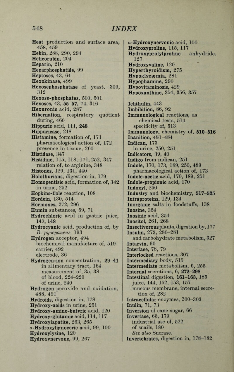 Heat production and surface area, 458, 459 Hebin, 288, 290, 294 Helicorubin, 204 Heparin, 210 Heparphosphatide, 99 Heptoses, 43, 64 Hexokinase, 499 Hexosephosphatase of yeast, 309, 312 Hexose-phosphates, 500, 501 Hexoses, 43, 55-57, 74, 316 Hexuronic acid, 287 Hibernation, respiratory quotient during, 460 Hippuric acid. 111, 248 Hippuricase, 248 Histamine, formation of, 171 pharmacological action of, 172 presence in tissue, 260 Histidase, 347 Histidine, 115, 118, 171,252, 347 relation of, to arginine, 348 Histones, 129, 131, 440 Holothurians, digestion in, 179 Homogentisic acid, formation of, 342 in urine, 252 Hopkins-Cole reaction, 108 Hordein, 130, 514 Hormones, 272, 296 Humin substances, 59, 71 Hydrochloric acid in gastric juice, 147, 148 Hydrocyanic acid, production of, by B. pyocyaneus, 193 Hydrogen acceptor, 494 biochemical manufacture of, 519 carrier, 492 electrode, 36 Hydrogen-ion concentration, 29-41 in alimentary tract, 164 measurement of, 35, 38 of blood, 224-229 of urine, 240 Hydrogen peroxide and oxidation, 488, 491 Hydroids, digestion in, 178 Hydroxy-acids in urine, 251 Hydroxy-amino-butyric acid, 120 Hydroxy-glutamic acid, 114, 117 Hydroxylapatite, 263, 265 a-Hydroxylignoceric acid, 99, 100 Hydroxylysine, 120 Hydroxynervone, 99, 267 a-Hydroxynervonic acid, 100 Hydroxyproline, 115, 117 Hydroxyprolylproline anhydride. 127 Hydroxyvaline, 120 Hyperthyroidism, 275 Hypoglycaemia, 281 Hypophamine, 290 Hypovitaminosis, 429 Hypoxanthine, 354, 356, 357 Ichthulin, 443 Imbibition, 86, 92 Immunological reactions, as chemical tests, 514 specificity of, 513 Immunology, chemistry of, 510-516 Inanition, 481-484 Indican, 173 in urine, 250, 251 Indicators, 39, 40 Indigo from indican, 251 Indole, 170, 173, 189, 250, 489 pharmacological action of, 173 Indole-acetic acid, 170, 189, 251 Indole-propionic acid, 170 Indoxyl, 250 Industry and biochemistry, 517-525 Infraproteins, 129, 134 Inorganic salts in foodstuffs, 138 Inosine, 354 Inosinic acid, 354 Inositol, 261, 268 Insectivorous plants, digestion by, 177 Insulin, 273, 280-281 and carbohydrate metabolism, 327 Intarvin, 90 Interface, 78, 79 Interlocked reactions, 307 Intermediary body, 515 Intermediate metabolism, 6, 255 Internal secretions, 6, 272-298 Intestinal digestion, 161-163, 185 juice, 144, 152, 153, 157 mucous membrane, internal secre- tion of, 282 Intracellular enzymes, 300-303 Inulin, 71, 73 Inversion of cane sugar, 66 Invertase, 66, 179 industrial use of, 522 of snails, 180 See also Sucrase. Invertebrates, digestion in, 178-182