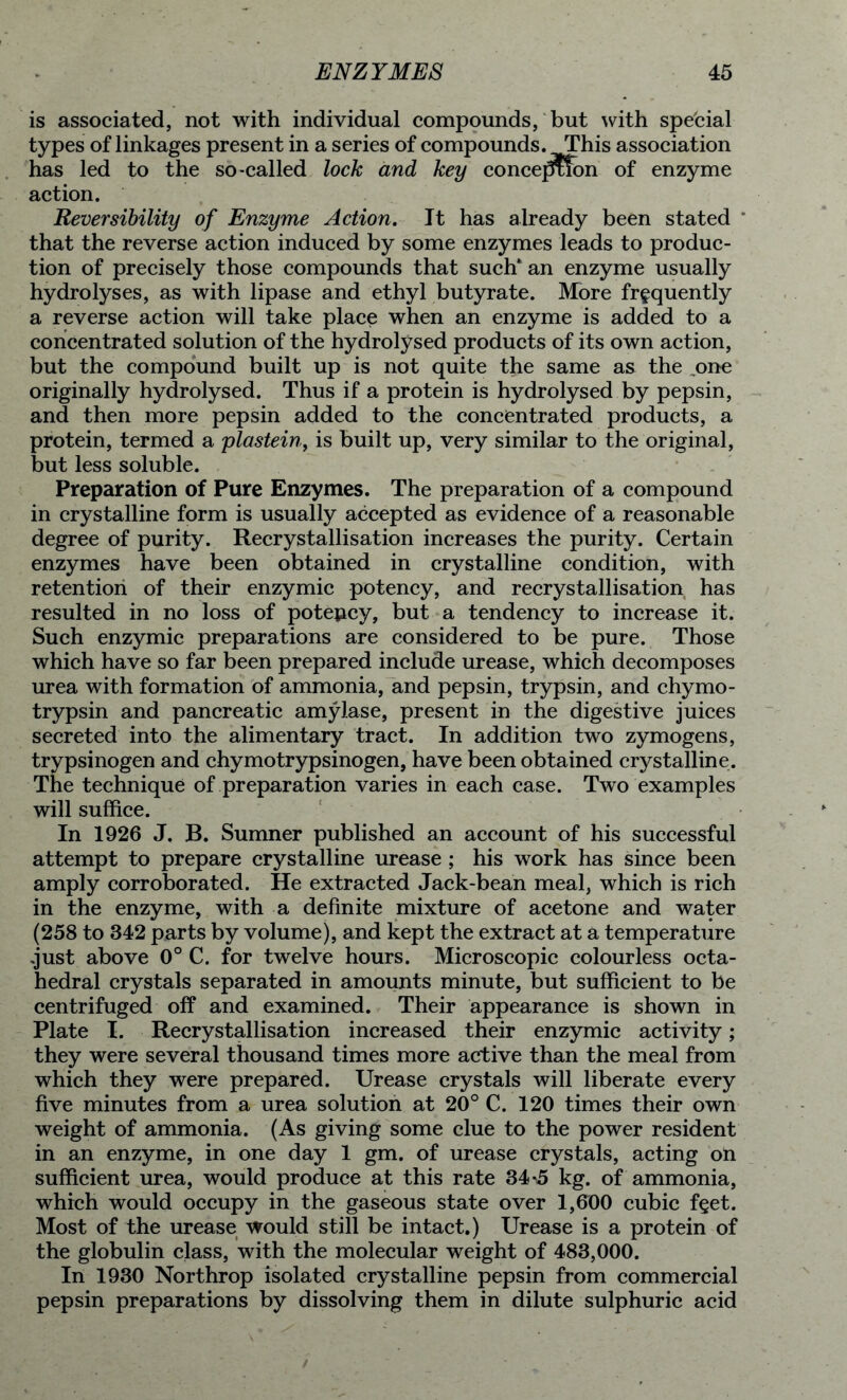 is associated, not with individual compounds, but with special types of linkages present in a series of compounds. This association has led to the so-called lock and key conceprfon of enzyme action. Reversibility of Enzyme Action. It has already been stated * that the reverse action induced by some enzymes leads to produc- tion of precisely those compounds that such* an enzyme usually hydrolyses, as with lipase and ethyl butyrate. More frequently a reverse action will take place when an enzyme is added to a concentrated solution of the hydrolysed products of its own action, but the compound built up is not quite the same as the one originally hydrolysed. Thus if a protein is hydrolysed by pepsin, and then more pepsin added to the concentrated products, a protein, termed a plastein, is built up, very similar to the original, but less soluble. Preparation of Pure Enzymes. The preparation of a compound in crystalline form is usually accepted as evidence of a reasonable degree of purity. Recrystallisation increases the purity. Certain enzymes have been obtained in crystalline condition, with retention of their enzymic potency, and recrystallisation has resulted in no loss of potency, but a tendency to increase it. Such enzymic preparations are considered to be pure. Those which have so far been prepared include urease, which decomposes urea with formation of ammonia, and pepsin, trypsin, and chymo- trypsin and pancreatic amylase, present in the digestive juices secreted into the alimentary tract. In addition two zymogens, trypsinogen and chymotrypsinogen, have been obtained crystalline. The technique of preparation varies in each case. Two examples will suffice. In 1926 J. B. Sumner published an account of his successful attempt to prepare crystalline urease ; his work has since been amply corroborated. He extracted Jack-bean meal, which is rich in the enzyme, with a definite mixture of acetone and water (258 to 342 parts by volume), and kept the extract at a temperature just above 0° C. for twelve hours. Microscopic colourless octa- hedral crystals separated in amounts minute, but sufficient to be centrifuged off and examined. Their appearance is shown in Plate I. Recrystallisation increased their enzymic activity; they were several thousand times more active than the meal from which they were prepared. Urease crystals will liberate every five minutes from a urea solution at 20° C. 120 times their own weight of ammonia. (As giving some clue to the power resident in an enzyme, in one day 1 gm. of urease crystals, acting on sufficient urea, would produce at this rate 34*5 kg. of ammonia, which would occupy in the gaseous state over 1,600 cubic f§et. Most of the urease would still be intact.) Urease is a protein of the globulin class, with the molecular weight of 483,000. In 1930 Northrop isolated crystalline pepsin from commercial pepsin preparations by dissolving them in dilute sulphuric acid