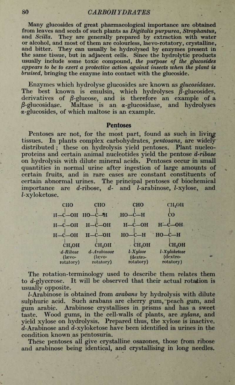 Many glucosides of great pharmacological importance are obtained from leaves and seeds of such plants as Digitalis purjpurea, Strophantus, and Scilla. They are generally prepared by extraction with water or alcohol, and most of them are colourless, laevo-rotatory, crystalline, and bitter. They can usually be hydrolysed by enzymes present in the same tissue, but in adjacent cells. Since the hydrolytic products usually include some toxic compound, the purpose of the glucosides appears to he to exert a protective action against insects when the plant is bruised, bringing the enzyme into contact with the glucoside. Enzymes which hydrolyse glucosides are known as glucosidases. The best known is emulsin, which hydrolyses j§-glucosides, derivatives of /^-glucose, and is therefore an example of a jS-glucosidase. Maltase is an a-glucosidase, and hydrolyses a-glucosides, of which maltose is an example. Pentoses Pentoses are not, for the most part, found as such in livir^ tissues. In plants complex carbohydrates, pentosans, are widely distributed ; these on hydrolysis yield pentoses. Plant nucleo- proteins and certain animal nucleotides yield the pentose d-ribose on hydrolysis with dilute mineral acids. Pentoses occur in small quantities in normal urine after ingestion of large amounts of certain fruits, and in rare cases are constant constituents of certain abnormal urines. The principal pentoses of biochemical importance are d-ribose, d- and Z-arabinose, Z-xylose, and Z-xyloketose. CHO CHO 1 CHO 1 Cl 1,011 i j H—C—OH HO—C—*H HO—C—H 1 CO H—C—OH | H—C—OH H—C—OH I 1 H—C—OH H—C—OH H—C—OH HO—C—H I HO—C—H CH2OH | ch2oh | CH2OH | ch2oh d-Ribose d-Arabinose l-Xylose l-Xyloketose (laevo- (lacvo- (dextro- (dextro- rotatory) rotatory) rotatory) rotatory) The rotation-terminology used to describe them relates them to d-glycerose. It will be observed that their actual rotation is usually opposite. Z-Arabinose is obtained from arabans by hydrolysis with dilute sulphuric acid. Such arabans are cherry gum,'peach gum, and gum arabic. Arabinose crystallises in prisms and has a sweet taste. Wood gums, in the cell-walls of plants, are xylans, and yield xylose on hydrolysis. Prepared thus, the xylose is inactive. d-Arabinose and eZ-xyloketose have been identified in urines in the condition known as pentosuria. These pentoses all give crystalline osazones, those from ribose and arabinose being identical, and crystallising in long needles.