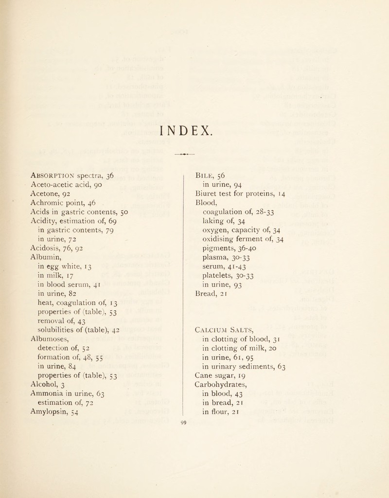INDEX. Absorption spectra, 36 Aceto-acetic acid, 90 Acetone, 92 Achromic point, 46 Acids in gastric contents, 50 Acidity, estimation of, 69 in gastric contents, 79 in urine, 72 Acidosis, 76, 92 Albumin, in egg white, 13 in milk, 17 in blood serum, 41 in urine, 82 heat, coagulation of, 13 properties of (table), 53 removal of, 43 solubilities of (table), 42 Albumoses, detection of, 52 formation of, 48, 55 in urine, 84 properties of (table), 53 Alcohol, 3 Ammonia in urine, 63 estimation of, 72 Amylopsin, 54 Bile, 56 in urine, 94 Biuret test for proteins, 14 Blood, coagulation of, 28-33 laking of, 34 oxygen, capacity of, 34 oxidising ferment of, 34 pigments, 36-40 plasma, 30-33 serum, 41-43 platelets, 30-33 in urine, 93 Bread, 21 Calcium Salts, in clotting of blood, 31 in clotting of milk, 20 in urine, 61, 95 in urinary sediments, 63 Cane sugar, 19 Carbohydrates, in blood, 43 in bread, 21 in flour, 21