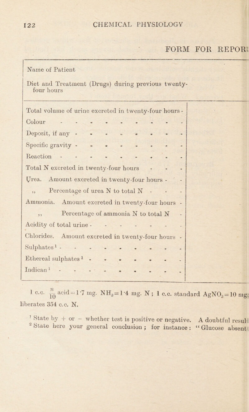 FORM FOR RE PORI Name of Patient Diet and Treatment (Drugs) during previous twenty- four hours Total volume of urine excreted in twenty-four hours - Colour Deposit, if any - Specific gravity - Reaction Total N excreted in twenty-four hours Rrea. Amount excreted in twenty-four hours - ,, Percentage of urea N to total N - Ammonia. Amount excreted in twenty-four hours - ,, Percentage of ammonia N to total N Acidity of total urine - Chlorides. Amount excreted in twenty-four hours - Sulphates 1 2 Ethereal sulphates 1 Indican1 - 1 c.c. — acid —1 7 mg. NH3-1 4 mg. 1ST; 1 c.c. standard AgNO3=10 mg liberates 354 c.c. N. 3 State by + or - whether test is positive or negative. A doubtful result 2 State here your general conclusion; for instance: “Glucose absent