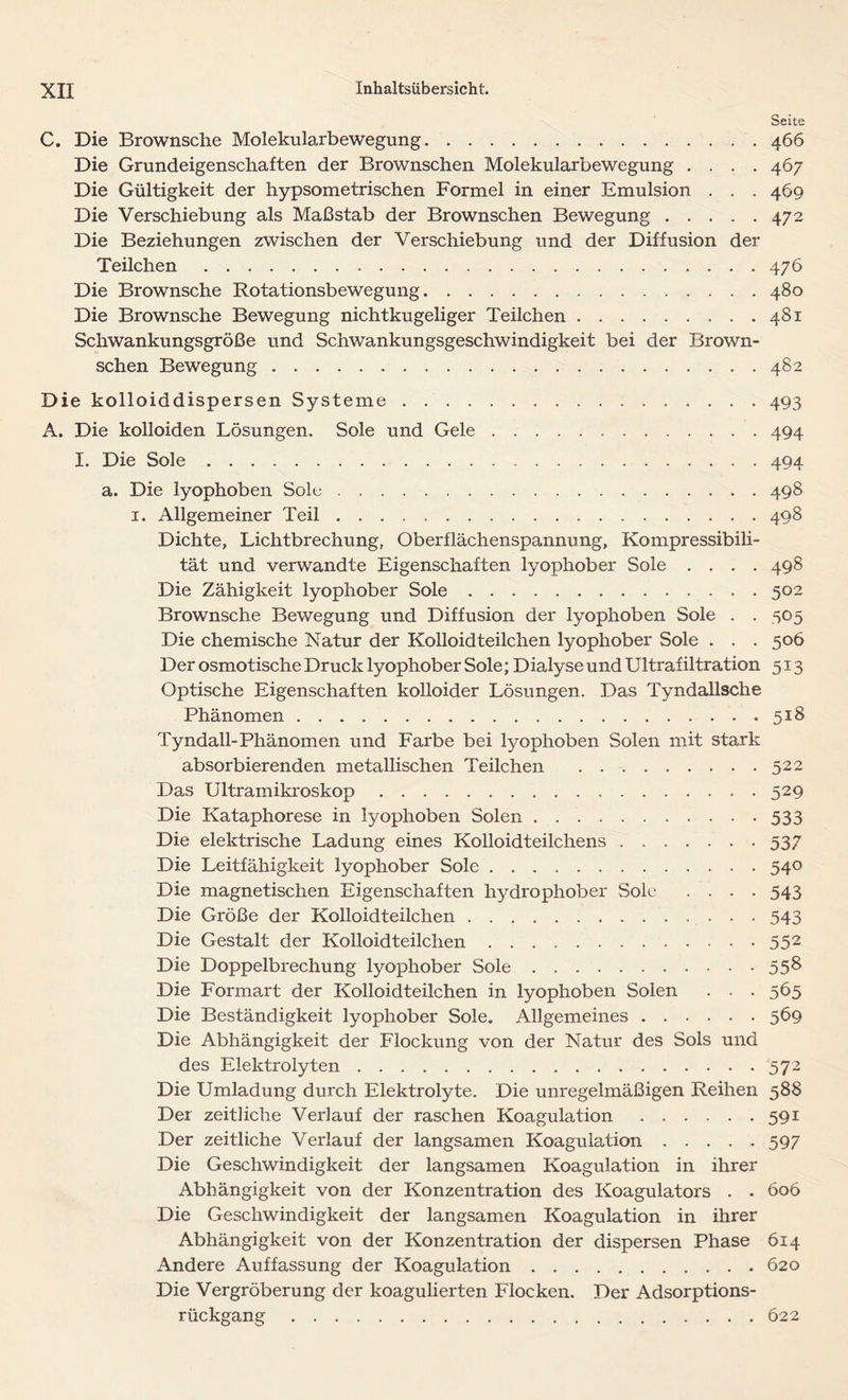 Seite C. Die Brownsche Molekularbewegung 466 Die Grundeigenschaften der Brownschen Molekularbewegung .... 467 Die Gültigkeit der hypsometrischen Formel in einer Emulsion . . . 469 Die Verschiebung als Maßstab der Brownschen Bewegung 472 Die Beziehungen zwischen der Verschiebung und der Diffusion der Teilchen 476 Die Brownsche Rotationsbewegung. 480 Die Brownsche Bewegung nichtkugeliger Teilchen 481 Schwankungsgröße und Schwankungsgeschwindigkeit bei der Brown- schen Bewegung 482 Die kolloiddispersen Systeme 493 A. Die kolloiden Lösungen. Sole und Gele 494 I. Die Sole 494 a. Die lyophoben Sole 498 1. Allgemeiner Teil .... 498 Dichte, Lichtbrechung, Oberflächenspannung, Kompressibili- tät und verwandte Eigenschaften lyophober Sole .... 498 Die Zähigkeit lyophober Sole 502 Brownsche Bewegung und Diffusion der lyophoben Sole . . 505 Die chemische Natur der Kolloidteilchen lyophober Sole . . . 506 Der osmotische Druck lyophober Sole; Dialyse und Ultrafiltration 513 Optische Eigenschaften kolloider Lösungen. Das Tyndallsche Phänomen 518 Tyndall-Phänomen und Farbe bei lyophoben Solen mit stark absorbierenden metallischen Teilchen 522 Das Ultramikroskop 529 Die Kataphorese in lyophoben Solen . 533 Die elektrische Ladung eines Kolloidteilchens . . . . . . -537 Die Leitfähigkeit lyophober Sole 540 Die magnetischen Eigenschaften hydrophober Sole .... 543 Die Größe der Kolloidteilchen 543 Die Gestalt der Kolloidteilchen 552 Die Doppelbrechung lyophober Sole 55& Die Formart der Kolloidteilchen in lyophoben Solen . . . 565 Die Beständigkeit lyophober Sole. Allgemeines 569 Die Abhängigkeit der Flockung von der Natur des Sols und des Elektrolyten 572 Die Umladung durch Elektrolyte. Die unregelmäßigen Reihen 588 Der zeitliche Verlauf der raschen Koagulation 591 Der zeitliche Verlauf der langsamen Koagulation 597 Die Geschwindigkeit der langsamen Koagulation in ihrer Abhängigkeit von der Konzentration des Koagulators . . 606 Die Geschwindigkeit der langsamen Koagulation in ihrer Abhängigkeit von der Konzentration der dispersen Phase 614 Andere Auffassung der Koagulation 620 Die Vergröberung der koagulierten Flocken. Der Adsorptions- rückgang 622