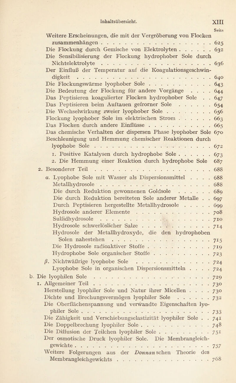 Seite Weitere Erscheinungen, die mit der Vergröberung von Flocken Zusammenhängen 625 Die Flockung durch Gemische von Elektrolyten 632 Die Sensibilisierung der Flockung hydrophober Sole durch Nichtelektrolyte 636 Der Einfluß der Temperatur auf die Koagulationsgeschwin- digkeit 640 Die Flockungswärme lyophober Sole 643 Die Bedeutung der Flockung für andere Vorgänge .... 644 Das Peptisieren koagulierter Flocken hydrophober Sole . . 647 Das Peptisieren beim Auf tauen gefrorner Sole 654 Die Wechselwirkung zweier lyophober Sole 656 Flockung lyophober Sole im elektrischen Strom 663 Das Flocken durch andere Einflüsse 665 Das chemische Verhalten der dispersen Phase lyophober Sole 670 Beschleunigung und Hemmung chemischer Reaktionen durch lyophobe Sole 672 1. Positive Katalysen durch hydrophobe Sole 673 2. Die Hemmung einer Reaktion durch hydrophobe Sole 687 2. Besonderer Teil 688 a. Lyophobe Sole mit Wasser als Dispersionsmittel .... 688 Metallhydrosole 688 Die durch Reduktion gewonnenen Goldsole 689 Die durch Reduktion bereiteten Sole anderer Metalle . . 697 Durch Peptisieren hergestellte Metallhydrosole 699 Hydrosole anderer Elemente 708 Sulfidhydrosole 710 Hydrosole schwerlöslicher Salze 714 Hydrosole der Metallhydroxyde, die den hydrophoben Solen nahestehen 715 Die Hydrosole radioaktiver Stoffe 719 Hydrophobe Sole organischer Stoffe 723 ß. Nichtwäßrige lyophobe Sole 724 Lyophobe Sole in organischen Dispersionsmitteln . . . .724 b. Die lyophilen Sole 729 1. Allgemeiner Teil 730 Herstellung lyophiler Sole und Natur ihrer Micellen .... 730 Dichte und Brechungsvermögen lyophiler Sole 732 Die Oberflächenspannung und verwandte Eigenschaften lyo- philer Sole 733 Die Zähigkeit und Verschiebungselastizität lyophiler Sole . .741 Die Doppelbrechung lyophiler Sole ............ 748 Die Diffusion der Teilchen lyophiler Sole ......... 751 Der osmotische Druck lyophiler Sole. Die Membrangleich- gewichte 757 Weitere Folgerungen aus der Donnan sehen Theorie des Membrangleichgewichts . 768