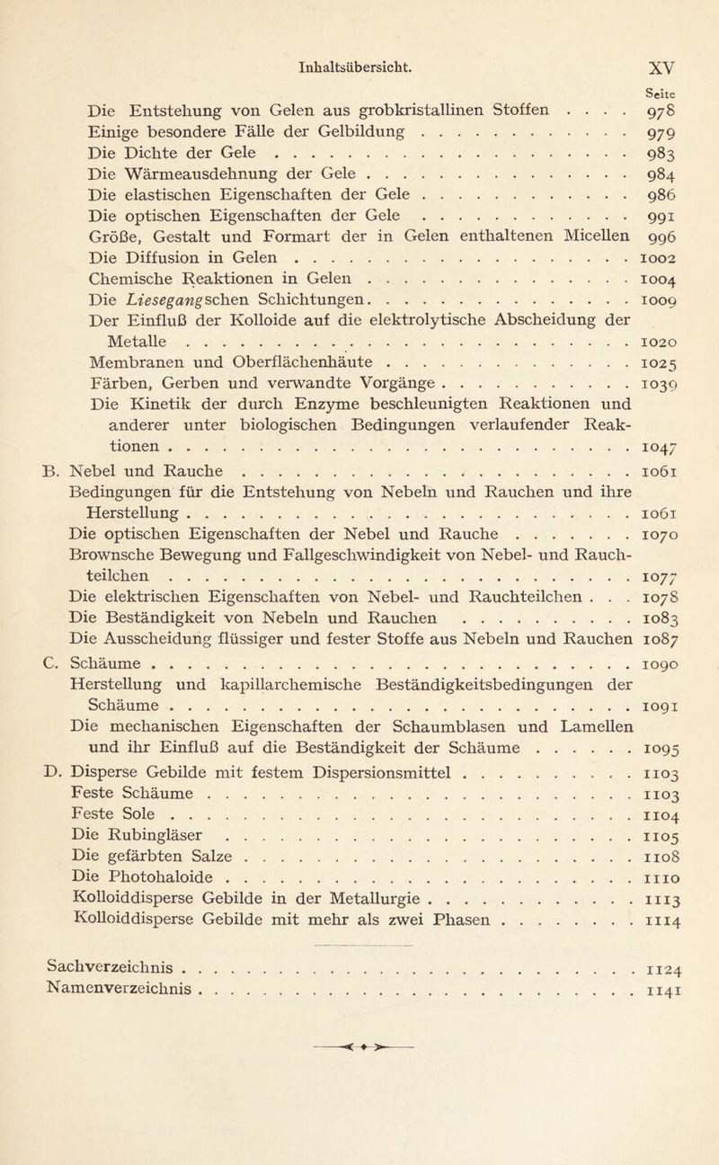 Seite Die Entstellung von Gelen aus grobkristallinen Stoffen .... 978 Einige besondere Fälle der Gelbildung 979 Die Dichte der Gele 983 Die Wärmeausdehnung der Gele 984 Die elastischen Eigenschaften der Gele 986 Die optischen Eigenschaften der Gele 991 Größe, Gestalt und Formart der in Gelen enthaltenen Micellen 996 Die Diffusion in Gelen 1002 Chemische Reaktionen in Gelen 1004 Die Liesegang sehen Schichtungen 1009 Der Einfluß der Kolloide auf die elektrolytische Abscheidung der Metalle 1020 Membranen und Oberflächenhäute 1025 Färben, Gerben und verwandte Vorgänge 1039 Die Kinetik der durch Enzyme beschleunigten Reaktionen und anderer unter biologischen Bedingungen verlaufender Reak- tionen 1047 B. Nebel und Rauche 1061 Bedingungen für die Entstehung von Nebeln und Rauchen und ihre Herstellung 1061 Die optischen Eigenschaften der Nebel und Rauche 1070 Brownsche Bewegung und Fallgeschwindigkeit von Nebel- und Rauch- teilchen 1077 Die elektrischen Eigenschaften von Nebel- und Rauchteilchen . . . 107 S Die Beständigkeit von Nebeln und Rauchen 1083 Die Ausscheidung flüssiger und fester Stoffe aus Nebeln und Rauchen 1087 C. Schäume 1090 Herstellung und kapillarchemische Beständigkeitsbedingungen der Schäume 1091 Die mechanischen Eigenschaften der Schaumblasen und Lamellen und ihr Einfluß auf die Beständigkeit der Schäume 1095 D. Disperse Gebilde mit festem Dispersionsmittel 1103 Feste Schäume 1103 Feste Sole 1104 Die Rubingläser 1105 Die gefärbten Salze 1108 Die Photohaloide 1110 Kolloid disperse Gebilde in der Metallurgie 1113 Kolloiddisperse Gebilde mit mehr als zwei Phasen 1114 Sachverzeichnis 1124 Namenverzeichnis 1141
