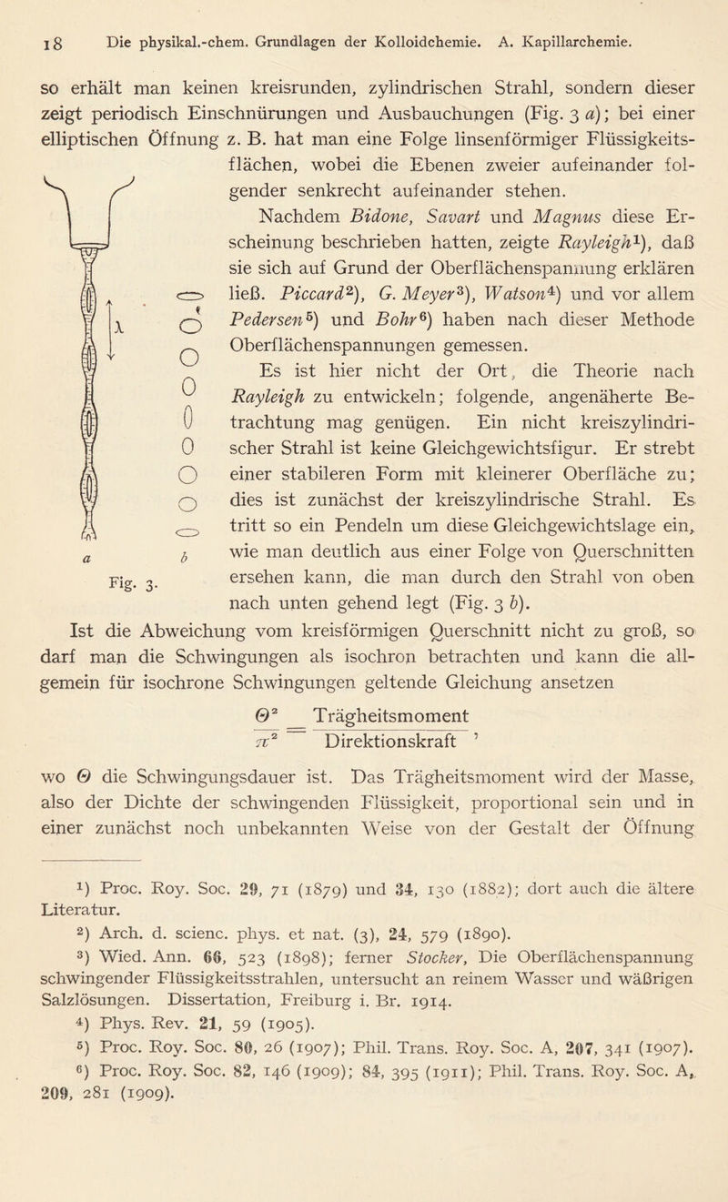 so erhält man keinen kreisrunden, zylindrischen Strahl, sondern dieser zeigt periodisch Einschnürungen und Ausbauchungen (Fig. 3 a); bei einer elliptischen Öffnung z. B. hat man eine Folge linsenförmiger Flüssigkeits- flächen, wobei die Ebenen zweier aufeinander fol- gender senkrecht aufeinander stehen. Nachdem Bidone, Savart und Magnus diese Er- scheinung beschrieben hatten, zeigte Rayleigh1), daß sie sich auf Grund der Oberflächenspannung erklären ließ. Piccard2), G. Meyer3), Watson4 5) und vor allem Pedersen6) und Bohr6) haben nach dieser Methode Oberflächenspannungen gemessen. Es ist hier nicht der Ort, die Theorie nach Rayleigh zu entwickeln; folgende, angenäherte Be- trachtung mag genügen. Ein nicht kreiszylindri- scher Strahl ist keine Gleichgewichtsfigur. Er strebt einer stabileren Form mit kleinerer Oberfläche zu; dies ist zunächst der kreiszylindrische Strahl. Es tritt so ein Pendeln um diese Gleichgewichtslage ein> wie man deutlich aus einer Folge von Querschnitten ersehen kann, die man durch den Strahl von oben nach unten gehend legt (Fig. 3 b). Ist die Abweichung vom kreisförmigen Querschnitt nicht zu groß, so darf man die Schwingungen als isochron betrachten und kann die all- gemein für isochrone Schwingungen geltende Gleichung ansetzen 02 Trägheitsmoment et2 Direktionskraft ’ wo G die Schwingungsdauer ist. Das Trägheitsmoment wird der Masse, also der Dichte der schwingenden Flüssigkeit, proportional sein und in einer zunächst noch unbekannten Weise von der Gestalt der Öffnung D Proc. Roy. Soc. 29, 71 (1879) und 34, 130 (1882); dort auch die ältere Literatur. 2) Arch. d. scienc. phys. et nat. (3), 24, 579 (1890). 3) Wied. Ann. 66, 523 (1898); ferner Stöcker, Die Oberflächenspannung schwingender Flüssigkeitsstrahlen, untersucht an reinem Wasser und wäßrigen Salzlösungen. Dissertation, Freiburg i. Br. 1914. 4) Phys. Rev. 21, 59 (1905). 5) Proc. Roy. Soc. 86, 26 (1907); Phil. Trans. Roy. Soc. A, 267, 341 (1907). 6) Proc. Roy. Soc. 82, 146 (1909); 84, 395 (1911); Phil. Trans. Roy. Soc. A,. 269, 281 (1909)*