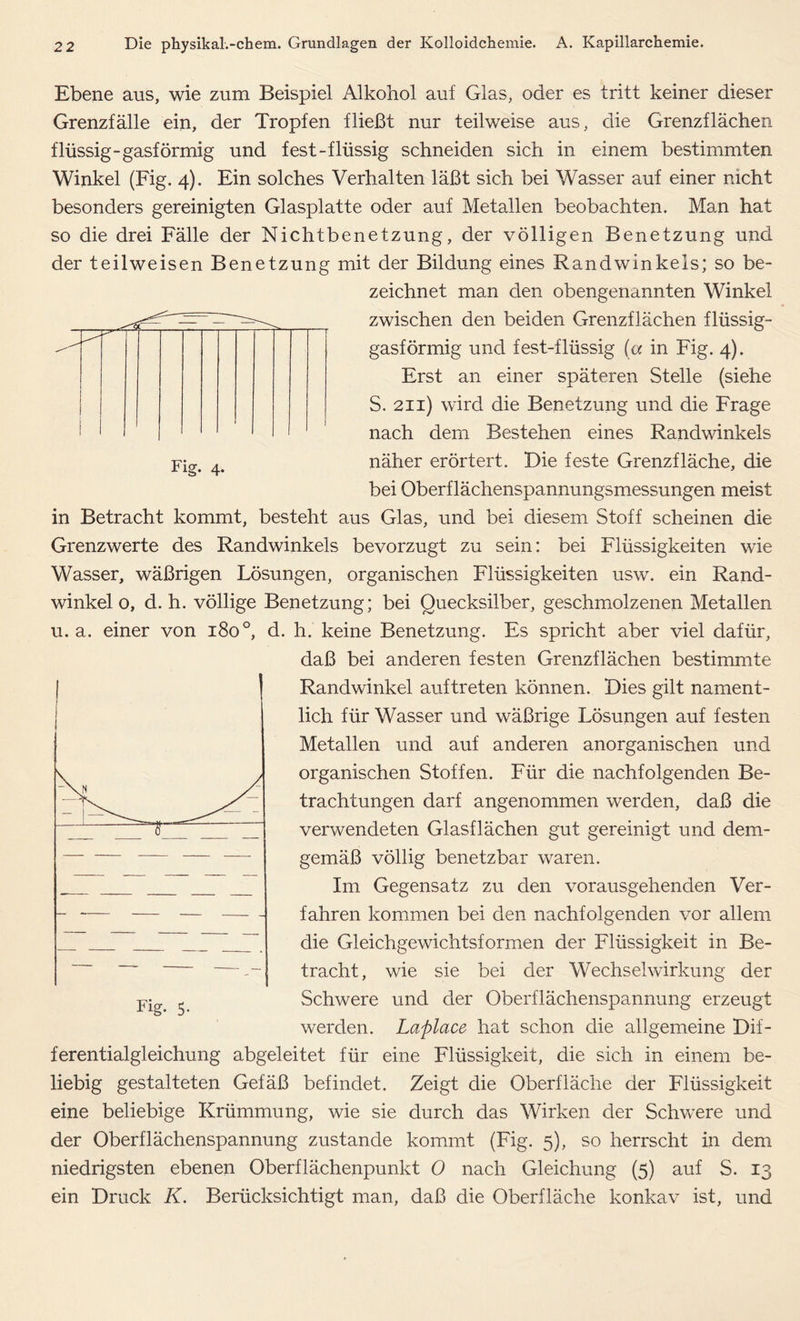 Fig. 4. Ebene aus, wie zum Beispiel Alkohol auf Glas, oder es tritt keiner dieser Grenzfälle ein, der Tropfen fließt nur teilweise aus, die Grenzflächen flüssig-gasförmig und fest-flüssig schneiden sich in einem bestimmten Winkel (Fig. 4). Ein solches Verhalten läßt sich bei Wasser auf einer nicht besonders gereinigten Glasplatte oder auf Metallen beobachten. Man hat so die drei Fälle der Nichtbenetzung, der völligen Benetzung und der teilweisen Benetzung mit der Bildung eines Randwinkels; so be- zeichnet man den obengenannten Winkel zwischen den beiden Grenzflächen flüssig- gasförmig und fest-flüssig (a in Fig. 4). Erst an einer späteren Stelle (siehe S. 211) wird die Benetzung und die Frage nach dem Bestehen eines Randwinkels näher erörtert. Die feste Grenzfläche, die bei Oberflächenspannungsmessungen meist in Betracht kommt, besteht aus Glas, und bei diesem Stoff scheinen die Grenzwerte des Randwinkels bevorzugt zu sein: bei Flüssigkeiten wie Wasser, wäßrigen Lösungen, organischen Flüssigkeiten usw. ein Rand- winkel o, d. h. völlige Benetzung; bei Quecksilber, geschmolzenen Metallen u. a. einer von 180°, d. h. keine Benetzung. Es spricht aber viel dafür, daß bei anderen festen Grenzflächen bestimmte Randwinkel auf treten können. Dies gilt nament- lich für Wasser und wäßrige Lösungen auf festen Metallen und auf anderen anorganischen und organischen Stoffen. Für die nachfolgenden Be- trachtungen darf angenommen werden, daß die verwendeten Glasflächen gut gereinigt und dem- gemäß völlig benetzbar waren. Im Gegensatz zu den vorangehenden Ver- fahren kommen bei den nachfolgenden vor allem die Gleichgewichtsformen der Flüssigkeit in Be- tracht, wie sie bei der Wechselwirkung der Schwere und der Oberflächenspannung erzeugt werden. Laplace hat schon die allgemeine Dif- ferentialgleichung abgeleitet für eine Flüssigkeit, die sich in einem be- liebig gestalteten Gefäß befindet. Zeigt die Oberfläche der Flüssigkeit eine beliebige Krümmung, wie sie durch das Wirken der Schwere und der Oberflächenspannung zustande kommt (Fig. 5), so herrscht in dem niedrigsten ebenen Oberflächenpunkt 0 nach Gleichung (5) auf S. 13 ein Druck K. Berücksichtigt man, daß die Oberfläche konkav ist, und