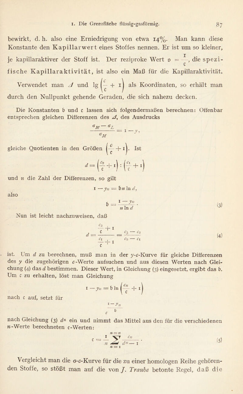 bewirkt, d. h. also eine Erniedrigung von etwa 14%. Man kann diese Konstante den Kapillar wert eines Stoffes nennen. Er ist um so kleiner, 1 je kapillaraktiver der Stoff ist. Der reziproke Wert 0 =—, die spezi- c fische Kapillaraktivität, ist also ein Maß für die Kapillaraktivität. Verwendet man zl und lg ^ + ij als Koordinaten, so erhält man durch den Nullpunkt gehende Geraden, die sich nahezu decken. Die Konstanten b und c lassen sich folgendermaßen berechnen: Offenbar entsprechen gleichen Differenzen des z/, des Ausdrucks 6 M CL 6 - 1 — y, M gleiche Quotienten in den Größen Ist ‘/=(t + i):(t + i! und n die Zahl der Differenzen, so gilt 1 —yn — hn ln d, also 6 yn n ln d Nun ist leicht nachzuweisen, daß C2. d — +1 C c* — c2 Ci ~r I (3) (4) ist. Um d zu berechnen, muß man in der y-c-Kurve für gleiche Differenzen des y die zugehörigen c-Werte aufsuchen und aus diesen Werten nach Glei- chung (4) das d bestimmen. Dieser Wert, in Gleichung (3) eingesetzt, ergibt das b. Um c zu erhalten, löst man Gleichung nach c auf, setzt für nach Gleichung (3) dn ein und nimmt das Mittel aus den für die verschiedenen n-Werte berechneten c-Werten: (5) Vergleicht man die o-c-Kurve für die zu einer homologen Reihe gehören- den Stoffe, so stößt man auf die von /. Traube betonte Regel, daß die