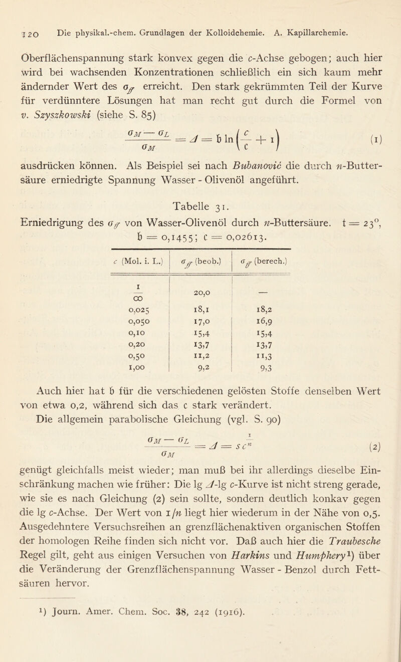 Oberflächenspannung stark konvex gegen die c-Achse gebogen; auch hier wird bei wachsenden Konzentrationen schließlich ein sich kaum mehr ändernder Wert des oy erreicht. Den stark gekrümmten Teil der Kurve für verdünntere Lösungen hat man recht gut durch die Formel von v. Szyszkowski (siehe S. 85) ausdrücken können. Als Beispiel sei nach Bubanovic die durch w-Butter- säure erniedrigte Spannung Wasser - Olivenöl angeführt. Tabelle 31. Erniedrigung des Gp von Wasser-Olivenöl durch 72-Buttersäure. t = 230, fr == 0,1455; c = 0,02613. 6' (Mol. i. L.) (jff (beob.) <x^ (berech.) 1 CO 20,0 0,025 18,1 18,2 0,050 17,0 16,9 0,10 15,4 15,4 0,20 13,7 13,7 0,50 11,2 n,3 1,00 9,2 9,3 i\uch hier hat fr für die verschiedenen gelösten Stoffe denselben Wert von etwa 0,2, während sich das c stark verändert. Die allgemein parabolische Gleichung (vgl. S. 90) I genügt gleichfalls meist wieder; man muß bei ihr allerdings dieselbe Ein- schränkung machen wie früher: Die lg H-lg c-Kurve ist nicht streng gerade, wie sie es nach Gleichung (2) sein sollte, sondern deutlich konkav gegen die lg c-Achse. Der Wert von i/n liegt hier wiederum in der Nähe von 0,5. Ausgedehntere Versuchsreihen an grenzflächenaktiven organischen Stoffen der homologen Reihe finden sich nicht vor. Daß auch hier die Traubesche Regel gilt, geht aus einigen Versuchen von Harbins und Humpiiery1) über die Veränderung der Grenzflächenspannung Wasser - Benzol durch Fett- säuren hervor. 1) Journ. Amer. Chem. Soc. 38, 242 (1916).