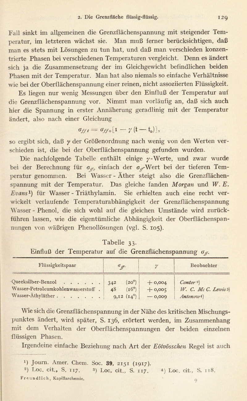 Fall sinkt im allgemeinen die Grenzflächenspannung mit steigender Tem- peratur, im letzteren wächst sie. Man muß ferner berücksichtigen, daß man es stets mit Lösungen zu tun hat, und daß man verschieden konzen- trierte Phasen bei verschiedenen Temperaturen vergleicht. Denn es ändert sich ja die Zusammensetzung der im Gleichgewicht befindlichen beiden Phasen mit der Temperatur. Man hat also niemals so einfache Verhältnisse wie bei der Oberflächenspannung einer reinen, nicht assoziierten Flüssigkeit. Es liegen nur wenig Messungen über den Einfluß der Temperatur auf die Grenzflächenspannung vor. Nimmt man vorläufig an, daß sich auch hier die Spannung in erster Annäherung geradlinig mit der Temperatur ändert, also nach einer Gleichung Gf/t ®ffo [1 y (t t0j j > so ergibt sich, daß y der Größenordnung nach wenig von den Werten ver- schieden ist, die bei der Oberflächenspannung gefunden wurden. Die nachfolgende Tabelle enthält einige y- Werte, und zwar wurde bei der Berechnung für o^0 einfach der oy-Wert bei der tieferen Tem- peratur genommen. Bei Wasser - Äther steigt also die Grenzflächen- spannung mit der Temperatur. Das gleiche fanden Morgan und W. E. Evans1) für Wasser - Triäthylamin. Sie erhielten auch eine recht ver- wickelt verlaufende Temperaturabhängigkeit der Grenzflächenspannung Wasser - Phenol, die sich wohl auf die gleichen Umstände wird zurück- führen lassen, wie die eigentümliche Abhängigkeit der Oberflächenspan- nungen von wäßrigen Phenollösungen (vgl. S. 105). Tabelle 33. Einfluß der Temperatur auf die Grenzflächenspannung Oß. Flüssigkeitspaar V y Beobachter Quecksilber-Benzol Wasser-Petroleumkohlenwasserstoff . Wasser-Äthvläther 342 (20°) 48 (16°) 9,12 (140) -p 0,004 + 0,005 — 0,009 Cantor 2 *) W. C. Mc C. Lewis 3} Antonowl) Wie sich die Grenzflächenspannung in der Nähe des kritischen Mischungs- punktes ändert, wird später, S. 136, erörtert werden, im Zusammenhang mit dem Verhalten der Oberflächenspannungen der beiden einzelnen flüssigen Phasen. Irgendeine einfache Beziehung nach Art der Eötvösschen Regel ist auch 1) Journ. Amer. Cliem. Soc. 39, 2151 (1917). 2) Loc. cit., S. 117. 3) Loc. cit., S. 117. 4) Loc. cit., S. it8. Freundlich, Kapillarchemie. q