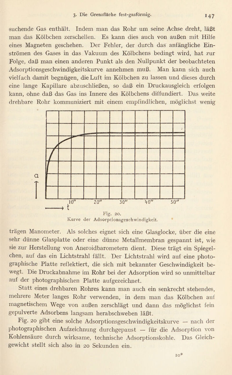 suchende Gas enthält. Indem man das Rohr um seine Achse dreht, läßt man das Kölbchen zerschellen. Es kann dies auch von außen mit Hilfe eines Magneten geschehen. Der Fehler, der durch das anfängliche Ein- strömen des Gases in das Vakuum des Kölbchens bedingt wird, hat zur Folge, daß man einen anderen Punkt als den Nullpunkt der beobachteten Adsorptionsgeschwindigkeitskurve annehmen muß. Man kann sich auch vielfach damit begnügen, die Luft im Kölbchen zu lassen und dieses durch eine lange Kapillare abzuschließen, so daß ein Druckausgleich erfolgen kann, ohne daß das Gas ins Innere des Kölbchens diffundiert. Das weite drehbare Rohr kommuniziert mit einem empfindlichen, möglichst wenig Fig. 20. Kurve der Adsorptionsgeschwindigkeit. trägen Manometer. Als solches eignet sich eine Glasglocke, über die eine sehr dünne Glasplatte oder eine dünne Metallmembran gespannt ist, wie sie zur Herstellung von Aneroidbarometern dient. Diese trägt ein Spiegel- chen, auf das ein Lichtstrahl fällt. Der Lichtstrahl wird auf eine photo- graphische Platte reflektiert, die sich mit bekannter Geschwindigkeit be- wegt. Die Druckabnahme im Rohr bei der Adsorption wird so unmittelbar auf der photographischen Platte aufgezeichnet. Statt eines drehbaren Rohres kann man auch ein senkrecht stehendes, mehrere Meter langes Rohr verwenden, in dem man das Kölbchen auf magnetischem Wege von außen zerschlägt und dann das möglichst fein gepulverte Adsorbens langsam herabschweben läßt. Fig. 20 gibt eine solche Adsorptionsgeschwindigkeitskurve — nach der photographischen Aufzeichnung durchgepaust — für die Adsorption von Kohlensäure durch wirksame, technische Adsorptionskohle. Das Gleich- gewicht stellt sich also in 20 Sekunden ein. IO*