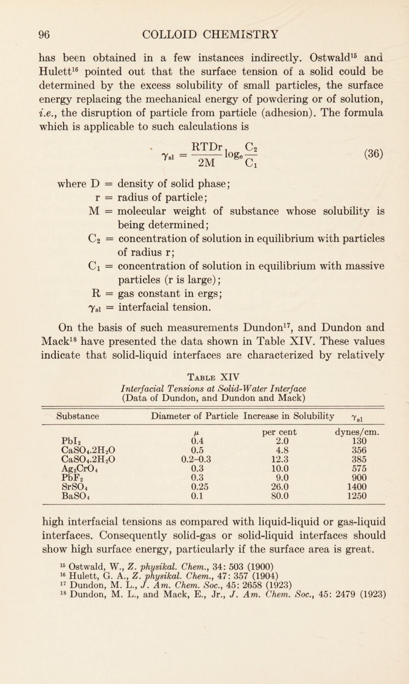 has been obtained in a few instances indirectly. Ostwald15 and Hulett16 pointed out that the surface tension of a solid could be determined by the excess solubility of small particles, the surface energy replacing the mechanical energy of powdering or of solution, i.e., the disruption of particle from particle (adhesion). The formula which is applicable to such calculations is RTDr 2M log. C2 Cx where D = density of solid phase; r = radius of particle; M = molecular weight of substance whose solubility is being determined; C2 = concentration of solution in equilibrium with particles of radius r; Ci = concentration of solution in equilibrium with massive particles (r is large); R = gas constant in ergs; 7si = interfacial tension. On the basis of such measurements Dundon17, and Dundon and Mack18 have presented the data shown in Table XIV. These values indicate that solid-liquid interfaces are characterized by relatively Table XIV Interfacial Tensions at Solid-Water Interface (Data of Dundon, and Dundon and Mack) Substance Diameter of Particle Increase in Solubility yai per cent dynes/cm. Pbl2 0.4 2.0 130 CaS04.2H20 0.5 4.8 356 CaS04.2H20 0.2-0.3 12.3 385 Ag2Cr04 0.3 10.0 575 PbF2 0.3 9.0 900 SrS04 0.25 26.0 1400 BaS04 0.1 80.0 1250 high interfacial tensions as compared with liquid-liquid or gas-liquid interfaces. Consequently solid-gas or solid-liquid interfaces should show high surface energy, particularly if the surface area is great. 15 Ostwald, W., Z. physikal. Chem., 34: 503 (1900) 16 Hulett, G. A., Z. physikal. Chem,., 47: 357 (1904) 17 Dundon, M. L., J. Am. Chem. Soc., 45: 2658 (1923) 18 Dundon, M. L., and Mack, E., Jr., J. Am. Chem. Soc., 45: 2479 (1923)