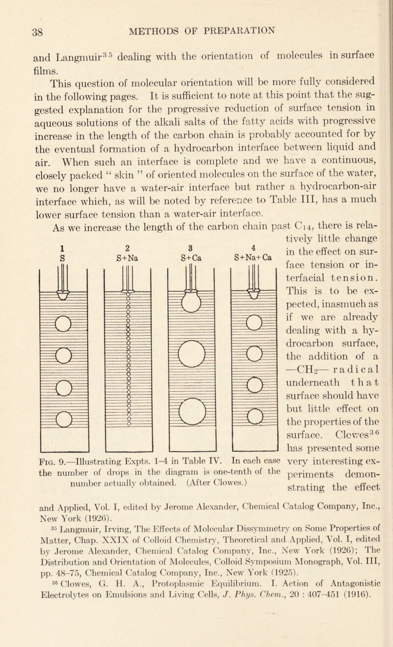 and Langmuir35 dealing with the orientation of molecules in surface films. This question of molecular orientation will be more fully considered in the following pages. It is sufficient to note at this point that the sug- gested explanation for the progressive reduction of surface tension in aqueous solutions of the alkali salts of the fatty acids with progressive increase in the length of the carbon chain is probably accounted for by the eventual formation of a hydrocarbon interface between liquid and air. When such an interface is complete and we have a continuous, closely packed “ skin ” of oriented molecules on the surface of the water, we no longer have a water-air interface but rather a hydrocarbon-air interface which, as will be noted by reference to Table III, has a much lower surface tension than a water-air interface. As we increase the length of the carbon chain past C14, there is rela- tively little change 1 S 2 S+Na 3 S+Ca S+Na+ Ca =*? y m F F =0= zaz znz :Xc =0= -Or ZQZ -o- O O D in the effect on sur- face tension or in- terfacial tension. This is to be ex- pected, inasmuch as if we are already dealing with a hy- drocarbon surface, the addition of a —CH2— radical underneath that surface should have but little effect on the properties of the surface. Clcwes36 has presented some very interesting ex- Fig. 9.—Illustrating Expts. 1-4 in Table IV. In each case the number ot drops in the diagram is one-tenth ot the ppriments demon- number actually obtained. (After Clowes.) grating the effect and Applied, Vol. I, edited by Jerome Alexander, Chemical Catalog Company, Inc., New York (1926). 35 Langmuir, Irving, The Effects of Molecular Dissymmetry on Some Properties of Matter, Chap. XXIX of Colloid Chemistry, Theoretical and Applied, Vol. I, edited by Jerome Alexander, Chemical Catalog Company, Inc., New York (1926); The Distribution and Orientation of Molecules, Colloid Symposium Monograph, Vol. Ill, pp. 48-75, Chemical Catalog Company, Inc., New York (1925). 36 Clowes, G. H. A., Protoplasmic Equilibrium. I. Action of Antagonistic Electrolytes on Emulsions and Living Cells, J. Phys. Chem., 20 : 407-451 (1916).