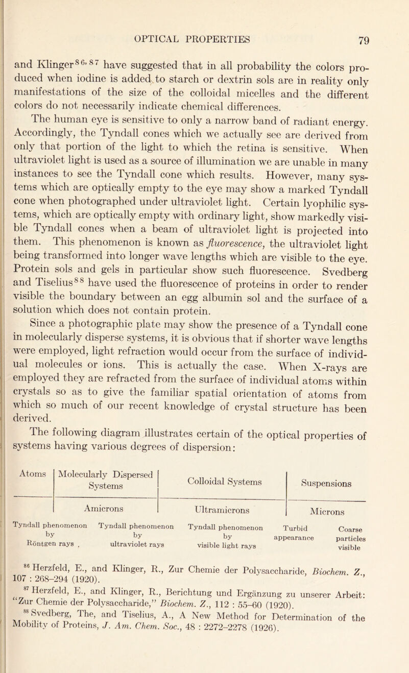 and KlingerS6> 8 7 have suggested that in all probability the colors pro- duced when iodine is added to starch or dextrin sols are in reality only manifestations of the size of the colloidal micelles and the different colors do not necessarily indicate chemical differences. The human eye is sensitive to only a narrow band of radiant energy. Accordingly, the Tyndall cones which we actually see are derived from only that portion of the light to which the retina is sensitive. When ultraviolet light is used as a source of illumination we are unable in many instances to see the Tyndall cone which results. However, many sys- tems which are optically empty to the eye may show a marked Tyndall cone when photographed under ultraviolet light. Certain lyophilic sys- tems, which are optically empty with ordinary light, show markedly visi- ble Tyndall cones when a beam of ultraviolet light is projected into them. This phenomenon is known as fluorescence, the ultraviolet light being transformed into longer wave lengths which are visible to the eye. Protein sols and gels in particular show such fluorescence. Svedberg and Tiselius88 have used the fluorescence of proteins in order to render visible the boundary between an egg albumin sol and the surface of a solution which does not contain protein. Since a photographic plate may show the presence of a Tyndall cone in molecularly disperse systems, it is obvious that if shorter wave lengths were employed, light refraction would occur from the surface of individ- ual molecules or ions. This is actually the case. When X-rays are employed they are refracted from the surface of individual atoms within crystals so as to give the familiar spatial orientation of atoms from which so much of our recent knowledge of crystal structure has been derived. The following diagram illustrates certain of the optical properties of systems having various degrees of dispersion : Atoms Molecularly Dispersed Systems Colloidal Systems Suspensions Amicrons Ultramicrons Microns Tyndall phenomenon Tyndall phenomenon Tyndall phenomenon Turbid Coarse ,, by by by appearance particles Kontgen rays . ultraviolet rays visible light rays visible Herzfeld, E., and Klinger, R., Zur Chemie der Polysaccharide, Biochem Z 107 : 268-294 (1920). u Herzfeld, E., and Klinger, R., Berichtung und Erganzung zu unserer Arbeit: 'Zur Chemie der Polysaccharide,” Biochem. Z., 112 : 55-60 (1920). 88 Svedberg, The, and Tiselius, A., A New Method for Determination of the Mobility of Proteins, J. Am. Chem. Soc., 48 : 2272-2278 (1926).