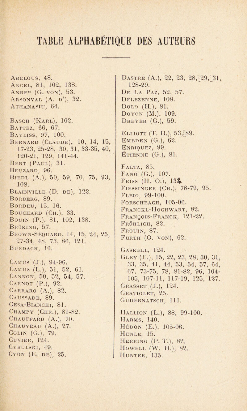 TABLE ALPHABÉTIQUE DES AUTEURS Abelous, 48. Ancel, 81, 102, 138. Anrep (G. von), 53. Arsonval (A. d’), 32. Athanasiu, 64. Basch (Karl), 102. Battez, 66, 67. Bayliss, 97, 100. Bernard (Claude), 10, 14, 15, 17-23, 25-28, 30, 31, 33-35, 40, 120-21, 129, 141-44. Bert (Paul), 31. Beuzard, 96. Biedl (A.), 50, 59, 70, 75, 93, 108. Blainville (D. de), 122. Borberg, 89. Bordeu, 15, 16. Bouchard (Ch.), 33. Bouin (P.), 81, 102, 138. Broking, 57. Brown-Séquard, 14, 15, 24, 25, 27-34, 48, 73, 86, 121. Burdach, 16. Camus (J.), 94-96. Camus (L.), 51, 52, 61. Cannon, 50, 52, 54, 57. Carnot (P.), 92. Carraro (A.), 82. Caussade, 89. Cesa-Bianchi, 81. Champy (Chr.), 81-82. Chauffard (A.), 70. Chauveau (A.), 27. Colin (G.), 79. Cuvier, 124. Cybulski, 49. Cyon (E. de), 25. Dastre (A.), 22, 23, 28, 29, 31, 128-29. De La Paz, 52, 57. Delezenne, 108. Dold (H.), 81. Doyon (M.), 109. Dreyer (G.), 59. Elliott (T. R.), 53,(89. Embden (G.), 62. Enriouez, 99. Étienne (G.), 81. Falta, 85. Fano (G.), 107. Feiss (H. O.), 13$. Fiessinger (Ch.), 78-79, 95. Fleig, 99-100. Forschbach, 105-06. Franckl-Hochwart, 82. François-Franck, 121-22. Frôhlich, 82. Frouin, 87. Fürth (O. von), 62. Gaskell, 124. Gley (E.), 15, 22, 23, 28, 30, 31, 33, 35, 41, 44, 53, 54, 57, 64, 67, 73-75, 78, 81-82, 96, 104- 105, 107-11, 117-19, 125, 127. Grasset (J.), 124. Gratiolet, 25. Gudernatsch, 111. Hallion (L.), 88, 99-100. Harms, 140. Hédon (E.), 105-06. Henle, 15. Herring (P. T.), 82. Howell (W. H.), 82. Hunter, 135.
