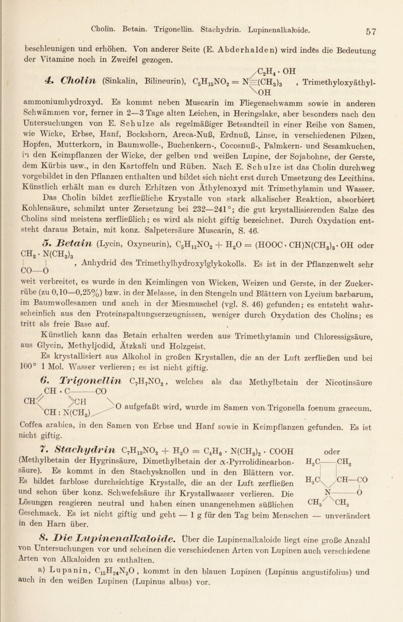 Cholin. Betain. Trigonellin. Stachydrin. Lupinenalkaloide. beschleunigen und erhöhen. Von anderer Seite (E. Abderhalden) wird indes die Bedeutung der Vitamine noch in Zweifel gezogen. . C2H4 • OH 4, Cholin (Sinkalin, Bilineurin), C5H15N02 = Nee(CH3)3 , Trimethyloxyäthyl- \OH ammoniumhydroxyd. Es kommt neben Muscarin im Fliegenschwamm sowie in anderen Schwämmen vor, ferner in 2—3 Tage alten Leichen, in Heringslake, aber besonders nach den Untersuchungen von E. Schulze als regelmäßiger Betsandteil in einer Reihe von Samen, wie Wicke, Erbse, Hanf, Bockshorn, Areca-Nuß, Erdnuß, Linse, in verschiedenen Pilzen, Hopfen, Mutterkorn, in Baumwolle-, Buchenkern-, Cocosnuß-, Palmkern- und Sesamkuchen, in den Keimpflanzen der Wicke, der gelben und weißen Lupine, der Sojabohne, der Gerste, dem Kürbis usw., in den Kartoffeln und Rüben. Nach E. Schulze ist das Cholin durchweg vorgebildet in den Pflanzen enthalten und bildet sich nicht erst durch Umsetzung des Lecithins. Künstlich erhält man es durch Erhitzen von Äthylenoxyd mit Trimethylamin und Wasser. Das Cholin bildet zerfließliche Krystalle von stark alkalischer Reaktion, absorbiert Kohlensäure, schmilzt unter Zersetzung bei 232—241°; die gut krystallisierenden Salze des Cholins sind meistens zerfließlich; es wird als nicht giftig bezeichnet. Durch Oxydation ent- steht daraus Betain, mit konz. Salpetersäure Muscarin, S. 46- 5. Betain (Lycin, Oxyneurin), C5HnN02 + H20 = (IIOOC • CH)N(CH3)3* OH oder ch2 • N(CH3)3 I I > Anhydrid des Trimethylliydroxylglykokolls. Es ist in der Pflanzenwelt sehr CO—o weit verbreitet, es wurde in den Keimlingen von Wicken, Weizen und Gerste, in der Zucker- rübe (zu 0,10 0,25%) bzw. in der Melasse, in den Stengeln und Blättern von Lycium barbarum, im Baumwollesamen und auch in der Miesmuschel (vgl. S. 46) gefunden; es entsteht wahr- scheinlich aus den Proteinspaltungserzeugnissen, weniger durch Oxydation des Cholins; es tritt als freie Base auf. Künstlich kann das Betain erhalten werden aus Trimethylamin und Chloressigsäure, aus Glycin, Methyljodid, Ätzkali und Holzgeist. Es krystallisiert aus Alkohol in großen Krystallen, die an der Luft zerfließen und bei 100° 1 Mol. Wasser verlieren; es ist nicht giftig. 6. Trigonellin CH • C CO ChC >CH \0 C7H7N02, welches als das Methylbetain der Nicotinsäure aufgefaßt wird, wurde im Samen von Trigonella foenum graecum. Coffea arabica, in den Samen von Erbse und Hanf sowie in Keimpflanzen gefunden. Es ist nicht giftig. 7. Stachydrin C7H13N02 + H20 = c4H6 . N(CH3)2 . COOH (Methylbetain der Hygrinsäure, Dimethylbetain der et - Pyrrolidincarbon- säure). Es kommt in den Stachysknollen und in den Blättern vor. Es bildet farblose durchsichtige Krystalle, die an der Luft zerfließen und schon über konz. Schwefelsäure ihr Krystallwasser verlieren. Die oder CH2 CH—CO i O Lösungen reagieren neutral und haben einen unangenehmen süßlichen GH3 Geschmack. Es ist nicht giftig und geht — lg für den Tag beim Menschen — unverändert in den Harn über. S, Die Lupinenalhaloide. Über die Lupinenalkaloide liegt eine große Anzahl von Untersuchungen vor und scheinen die verschiedenen Arten von Lupinen auch verschiedene Arten von Alkaloiden zu enthalten. a) Lupanin, C15H24N20 , kommt in den blauen Lupinen (Lupinus angustifolius) und auch in den weißen Lupinen (Lupinus albus) vor.