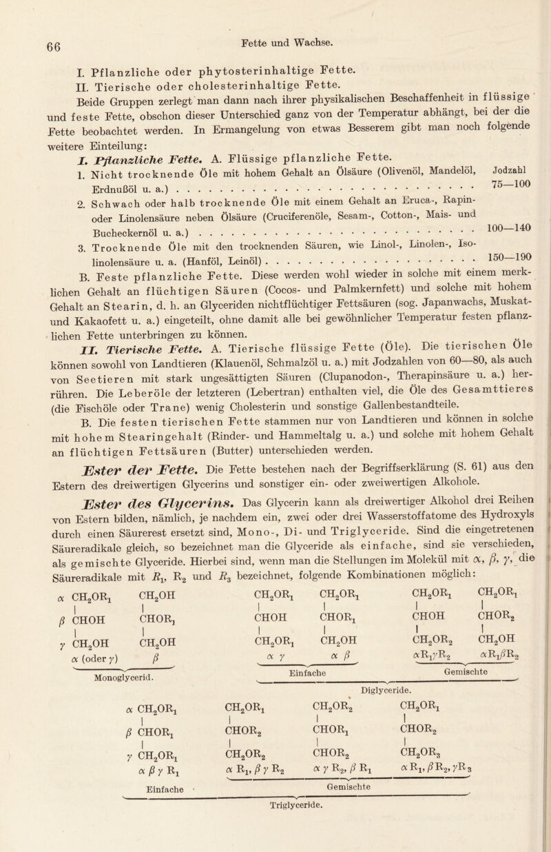 I. Pflanzliche oder phytosterinhaltige Fette. II. Tierische oder cholesterinhaltige Fette. Beide Gruppen zerlegt man dann nach ihrer physikalischen Beschaffenheit in flüssige und feste Fette, obschon dieser Unterschied ganz von der Temperatur abhängt, bei der die Fette beobachtet werden. In Ermangelung von etwas Besserem gibt man noch folgende weitere Einteilung: 1. Pflanzliche Fette. A. Flüssige pflanzliche Fette. 1 Nicht trocknende Öle mit hohem Gehalt an Ölsäure (Olivenöl, Mandelöl, Jodzahl -n j o-i „ \ .... 75—100 Erdnußöl u. 2. Schwach oder halb trocknende Öle mit einem Gehalt an Eruca-, Rapin- oder Linolensäure neben Ölsäure (Cruciferenöle, Sesam-, Cotton-, Mais- und Bucheckernöl u. 3. Trocknende Öle mit den trocknenden Säuren, wie Linol-, Linolen-, Iso- linolensäure u. a. (Hanföl, Leinöl) B. Feste pflanzliche Fette. Diese werden wohl wieder in solche mit einem merk- lichen Gehalt an flüchtigen Säuren (Cocos- und Palmkernfett) und solche mit hohem Gehalt an Stearin, d. h. an Glyceriden nichtflüchtiger Fettsäuren (sog. Japanwachs, Muskat- und Kakaofett u. a.) eingeteilt, ohne damit alle bei gewöhnlicher Temperatur festen pflanz- lichen Fette unter bringen zu können. II. Tierische Fette. A. Tierische flüssige Fette (Öle). Die tierischen Öle können sowohl von Landtieren (Klauenöl, Schmalzöl u. a.) mit Jodzahlen von 60—80, als auch von Seetieren mit stark ungesättigten Säuren (Clupanodon-, Tlierapinsäure u. a.) her- rühren. Die Leberöle der letzteren (Lebertran) enthalten viel, die Öle des Gesamttieres (die Fisch öle oder Trane) wenig Cholesterin und sonstige Gallenbestandteile. B. Die festen tierischen Fette stammen nur von Landtieren und können in solche mit hohem Stearingehalt (Rinder- und Hammeltalg u. a.) und solche mit hohem Gehalt an flüchtigen Fettsäuren (Butter) unterschieden werden. FsteV (IST Fette. Die Fette bestehen nach der Begriffserklärung (S. 61) aus den Estern des dreiwertigen Glycerins und sonstiger ein- oder zweiwertigen Alkohole. Fster des Olyeevins. Das Glycerin kann als dreiwertiger Alkohol drei Reihen von Estern bilden, nämlich, je nachdem ein, zwei oder drei Wasserstoffatome des Hydroxyls durch einen Säurerest ersetzt sind, Mono-, Di- und Triglyceride. Sind die eingetretenen Säureradikale gleich, so bezeichnet man die Glyceride als einfache, sind sie verschieden, als gemischte Glyceride. Hierbei sind, wenn man die Stellungen im Molekül mit <xf ß, y, die Säureradikale mit Rv R2 und R3 bezeichnet, folgende Kombinationen möglich: OC CH2OBj ch2oh CH2OR! CHoORi CH2ORj 1 CH20Bj 1 ß CHOH 1 CHORj | CHOH 1 CHORi CHOH 1 CH2OR2 äRj}'R2 chob2 1 y 1 ch2oh oc (oder y) 1 ch2oh ß j CKjORj oc y | ch2oh oc ß ch2oh oc Monoglycerid. Einfache Gemischte oc CH20R! CKjORj 1 Diglyceride. CH2OR2 CH20Ri i i 1 ß CHOR! 1 chor2 CHORj chor2 1 1 y CH20Bj oc ß y Rx 1 CH2OR2 «Rp ß y b2 I chor2 « y b2, ß Bi CH2OR3 « Bj, /?B2, yB-3 Einfache • Gemischte Triglyceride.