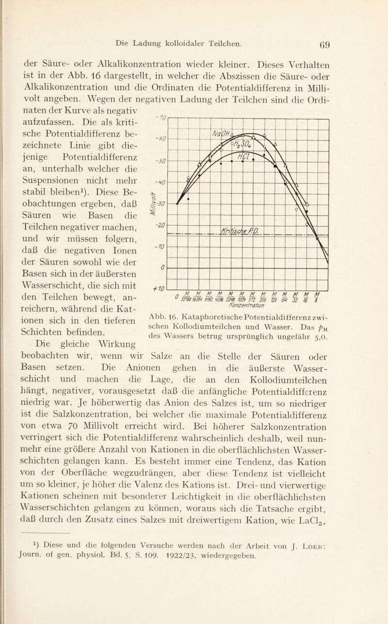der Säure- oder Alkalikonzentration wieder kleiner. Dieses Verhalten ist in der Abb. 16 dargestellt, in welcher die Abszissen die Säure- oder Alkalikonzentration und die Ordinaten die Potentialdifferenz in Milli- volt angeben. Wegen der negativen Ladung der Teilchen sind die Ordi- naten der Kurve als negativ aufzufassen. Die als kriti- sche Potentialdifferenz be- zeichnete Linie gibt die- jenige Potentialdifferenz an, unterhalb welcher die Suspensionen nicht mehr stabil bleiben1). Diese Be- obachtungen ergeben, daß Säuren wie Basen die Teilchen negativer machen, und wir müssen folgern, daß die negativen Ionen der Säuren sowohl wie der Basen sich in der äußersten Wasserschicht, die sich mit den Teilchen bewegt, an- reichern, während die Kat- ionen sich in den tieferen Schichten befinden. Die gleiche Wirkung beobachten wir, wenn wir Salze an die Stelle der Säuren oder Basen setzen. Die Anionen gehen in die äußerste Wasser- schicht und machen die Lage, die an den Kollodiumteilchen hängt, negativer, vorausgesetzt daß die anfängliche Potentialdifferenz niedrig war. Je höherwertig das Anion des Salzes ist, um so niedriger ist die Salzkonzentration, bei welcher die maximale Potentialdifferenz von etwa 70 Millivolt erreicht wird. Bei höherer Salzkonzentration verringert sich die Potentialdifferenz wahrscheinlich deshalb, weil nun- mehr eine größere Anzahl von Kationen in die oberflächlichsten Wasser- schichten gelangen kann. Es besteht immer eine Tendenz, das Kation von der Oberfläche wegzudrängen, aber diese Tendenz ist vielleicht um so kleiner, je höher die Valenz des Kations ist. Drei- und vierwertige Kationen scheinen mit besonderer Leichtigkeit in die oberflächlichsten Wasserschichten gelangen zu können, woraus sich die Tatsache ergibt, daß durch den Zusatz eines Salzes mit dreiwertigem Kation, wie LaCl3, Abb. 16. Kataphoretische Potentialdifferenz zwi- schen Kollodiumteilchen und Wasser. Das pH des Wassers betrug ursprünglich ungefähr 5,0. x) Diese und die folgenden Versuche werden nach der Arbeit von j. Loeb: journ. of gen. physiol. Bd. 5, S. 109. 1922/23, wiedergegeben.