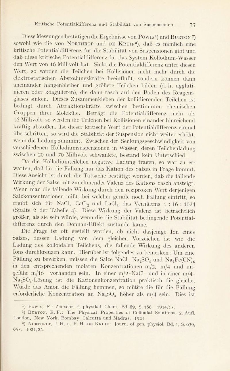 Diese Messungen bestätigen die Ergebnisse von Powis1) und Burton 2) sowohl wie die von Northrop und de Kruif3), daß es nämlich eine kritische Potentialdifferenz für die Stabilität von Suspensionen gibt und daß diese kritische Potentialdifferenz für das System Kollodium-Wasser den Wert von 16 Millivolt hat. Sinkt die Potentialdifferenz unter diesen Wert, so werden die Teilchen bei Kollisionen nicht mehr durch die elektrostatischen Abstoßungskräfte beeinflußt, sondern können dann aneinander hängenbleiben und größere Teilchen bilden (d. h. aggluti- nieren oder koagulieren), die dann rasch auf den Boden des Reagens- glases sinken. Dieses Zusammenkleben der kollidierenden Teilchen ist bedingt durch Attraktionskräfte zwischen bestimmten chemischen Gruppen ihrer Moleküle. Beträgt die Potentialdifferenz mehr als 16 Millivolt, so werden die Teilchen bei Kollisionen einander hinreichend kräftig abstoßen. Ist dieser kritische Wert der Potentialdifferenz einmal überschritten, so wird die Stabilität der Suspension nicht weiter erhöht, wenn die Ladung zunimmt. Zwischen der Senkungsgeschwindigkeit von verschiedenen Kollodiumsuspensionen in Wasser, deren Teilchenladung zwischen 20 und 70 Millivolt schwankte, bestand kein Unterschied. Da die Kollodiumteilchen negative Ladung tragen, so war zu er- warten, daß für die Fällung nur das Kation des Salzes in Frage kommt. Diese Ansicht ist durch die Tatsache bestätigt worden, daß die fällende Wirkung der Salze mit zunehmender Valenz des Kations rasch ansteigt. Wenn man die fällende Wirkung durch den reziproken Wert derjenigen Salzkonzentrationen mißt, bei welcher gerade noch Fällung eintritt, so ergibt sich für NaCl, CaCl2 und LaCl3 das Verhältnis 1 : 16 : 1024 (Spalte 2 der Tabelle 4). Diese Wirkung der Valenz ist beträchtlich größer, als sie sein würde, wenn die die Stabilität bedingende Potential- differenz durch den Donnan-Effekt zustande käme. Die Frage ist oft gestellt worden, ob nicht dasjenige Ion eines Salzes, dessen Ladung von dem gleichen Vorzeichen ist wie die Ladung des kolloidalen Teilchens, die fällende Wirkung des anderen Ions durchkreuzen kann. Hierüber ist folgendes zu bemerken: Um eine Fällung zu bewirken, müssen die Salze NaCl, Na2S04 und Na4Fe(CN)6 in den entsprechenden molaren Konzentrationen m/2, m/4 und un- gefähr m/16 vorhanden sein. In einer m/2-NaCl- und in einer m/4- Na2S04-Lösung ist die Kationenkonzentration praktisch die gleiche. Würde das Anion die Fällung hemmen, so müßte die für die Fällung erforderliche Konzentration an Na2S04 höher als m/4 sein. Dies ist ß Powis, F.: Zeitschr. f. physikal. Chem. Bd. 89, S. 186. 1914/15. 2) Burton, E. F.: The Physical Properties of Colloidal Solutions. 2. Au fl. London, New York, Bombay, Calcutta und Madras. 1921. 3) Northrop, J. H. u. P, H. de Kruif: Journ. of gen. physiol. Bd. 4, S. 639, 655- 1921/22.