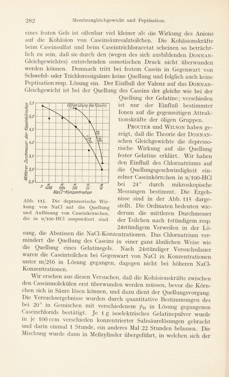 eines festen Gels ist offenbar viel kleiner als die Wirkung des Anions auf die Kohäsion von Caseinsäuresalzteilchen. Die Kohäsionskräfte beim Caseinsulfat und beim Caseintrichloracetat scheinen so beträcht- lich zu sein, daß sie durch den (wegen des sich ausbildenden Donnan- Gleichgewichtes) entstehenden osmotischen Druck nicht überwunden werden können. Demnach tritt bei festem Casein in Gegenwart von Schwefel- oder Trichloressigsäure keine Quellung und folglich auch keine Peptisation resp. Lösung ein. Der Einfluß der Valenz auf das Donnan- Gleichgewicht ist bei der Quellung des Caseins der gleiche wie bei der Quellung der Gelatine; verschieden ist nur der Einfluß bestimmter Ionen auf die gegenseitigen Attrak- tionskräfte der öligen Gruppen. Procter und Wilson haben ge- zeigt, daß die Theorie der Donnan- schen Gleichgewichte die depresso- rische Wirkung auf die Quellung fester Gelatine erklärt. Wir haben den Einfluß des Chlornatriums auf die Quellungsgeschwindigkeit ein- zelner Caseinkörnchen in n/100-HCl bei 24 ° durch mikroskopische Messungen bestimmt. Die Ergeb- nisse sind in der Abb. 115 darge- stellt. Die Ordinaten bedeuten wie- derum die mittleren Durchmesser der Teilchen nach 1 ständigem resp. 24stündigem Verweilen in der Lö- sung, die Abszissen die NaCl-Konzentrationen. Das Chlornatrium ver- mindert die Quellung des Caseins in einer ganz ähnlichen Weise wie die Quellung eines Gelatinegels. Nach 24stündiger Versuchsdauer waren die Caseinteilchen bei Gegenwart von NaCl in Konzentrationen unter m/256 in Lösung gegangen, dagegen nicht bei höheren NaCl- Konzentrationen. Wir ersehen aus diesen Versuchen, daß die Kohäsionskräfte zwischen den Caseinmolekülen erst überwunden werden müssen, bevor die Körn- chen sich in Säure lösen können, und dazu dient der Quellungsvorgang. Die Versuchsergebnisse wurden durch quantitative Bestimmungen des bei 20 in Gemischen mit verschiedenem in Lösung gegangenen Caseinchlorids bestätigt. Je 1 g isoelektrisches Gelatinepulver wurde in je 100 ccm verschieden konzentrierter Salzsäurelösungen gebracht und darin einmal 1 Stunde, ein anderes Mal 22 Stunden belassen. Die Mischung wurde dann in Meßzylinder übergeführt, in welchen sich der t/a Cl-/fonzen f ration Abb. 115. Die depressorische Wir- kung von NaCl auf die Quellung und Auflösung von Caseinkörnchen, die in n/100-HCl suspendiert sind.