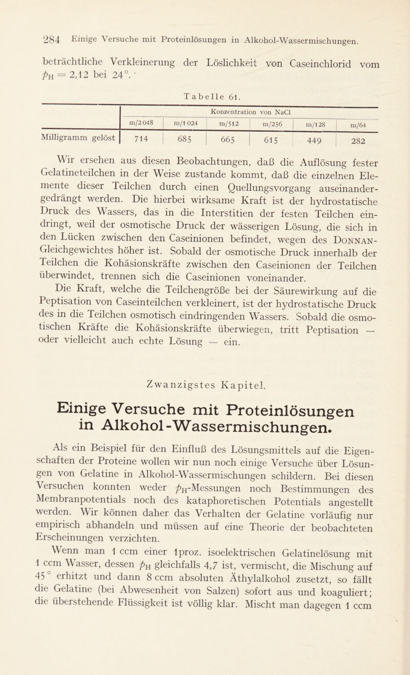 beträchtliche Verkleinerung der Löslichkeit von Caseinchlorid vom Ph — 2,12 bei 24°. * Tabelle 61. Konzentration von NaCl m/2 048 m/1 024 m/512 m/256 m/128 m/64 Milligramm gelöst 714 685 665 615 449 282 Wir ersehen aus diesen Beobachtungen, daß die Auflösung fester Gelatineteilchen in der Weise zustande kommt, daß die einzelnen Ele- mente dieser Teilchen, durch einen Quellungsvorgang auseinander- gedrängt werden. Die hierbei wirksame Kraft ist der hydrostatische Druck des Wassers, das in die Interstitien der festen Teilchen ein- dringt, weil der osmotische Druck der wässerigen Lösung, die sich in den Lücken zwischen den Caseinionen befindet, wegen des Donnan- Gleichgewichtes höher ist. Sobald der osmotische Druck innerhalb der Teilchen die Kohäsionskräfte zwischen den Caseinionen der Teilchen überwindet, trennen sich die Caseinionen voneinander. Die Kraft, welche die Teilchengröße bei der Säurewirkung auf die Peptisation von Caseinteilchen verkleinert, ist der hydrostatische Druck des in die Teilchen osmotisch eindringenden Wassers. Sobald die osmo- tischen Kräfte die Kohäsionskräfte überwiegen, tritt Peptisation — oder vielleicht auch echte Lösung — ein. Zwanzigstes Kapitel. Einige Versuche mit Proteinlösungen in Alkohol - Wassermischungen. Als ein Beispiel für den Einfluß des Lösungsmittels auf die Eigen- schaften der Proteine wollen wir nun noch einige Versuche über Lösun- gen von Gelatine in Alkohol-Wassermischungen schildern. Bei diesen Versuchen konnten weder ^j^-Messungen noch Bestimmungen des Membranpotentials noch des kataphoretischen Potentials angestellt werden. Wir können daher das Verhalten der Gelatine vorläufig nur empirisch abhandeln und müssen auf eine Theorie der beobachteten Erscheinungen verzichten. Wenn man 1 ccm einer Iproz. isoelektrischen Gelatinelösung mit 1 ccm Wasser, dessen gleichfalls 4,7 ist, vermischt, die Mischung auf 45 erhitzt und dann 8 ccm absoluten Äthylalkohol zusetzt, so fällt die Gelatine (bei Abwesenheit von Salzen) sofort aus und koaguliert; die überstehende Flüssigkeit ist völlig klar. Mischt man dagegen 1 ccm