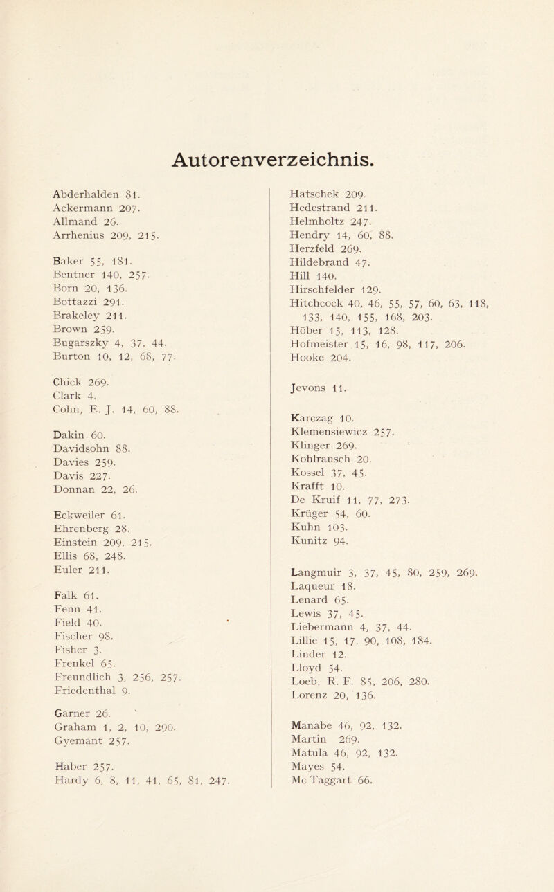 Autorenverzeichnis. Abderhalden 81. Ackermann 207- Allmand 26. Arrhenius 209, 215- Baker 55, lSl. Bentner 140, 257- Born 20, 136. Bottazzi 291. Brakeley 211. Brown 259- Bugarszky 4, 37, 44. Burton 10, 12, 68, 77- Chick 269- Clark 4. Cohn, E. J. 14, 60, 88. Dakin 60. Davidsohn 88. Davies 259- Davis 227. Donnan 22, 26. Eckweiler 61. Ehrenberg 28. Einstein 209, 215- Ellis 68, 248. Euler 211. Falk 61. Fenn 41. Field 40. Fischer 98. Fisher 3- Frenkel 65- Freundlich 3, 256, 257- Friedenthal 9. Garner 26. Graham 1, 2, 10, 290. Gyemant 257- Haber 257- Hardy 6, 8, 11, 41, 65, 8 Hatschek 209- Hedestrand 211. Helmholtz 247- Hendry 14, 60, 88. Herzfeld 269. Hildebrand 47. Hill 140. Hirschfelder 129. Hitchcock 40, 46, 55, 57, 60, 63, 118, 133, 140, 155, 168, 203. Höber 15, 113, 128. Hofmeister 15, 16, 98, 117, 206. Hooke 204. Jevons 11. Karczag 10. Klemensiewicz 257- Klinger 269. Kohlrausch 20. Kossel 37, 45- Krafft 10. De Kruif 11, 77, 273- Krüger 54, 60. Kuhn 103- Kunitz 94. 1, 247- Langmuir 3, 37, 45, 80, 259, 269- Laqueur 18. Lenard 65- Lewis 37, 45- Liebermann 4, 37, 44. Lillie 15, 17, 90, 108, 184. Linder 12. Lloyd 54. Loeb, R. F. 85, 206, 280. Lorenz 20, 136. Manabe 46, 92, 132. Martin 269. Matula 46, 92, 132. Mayes 54. Mc Taggart 66.