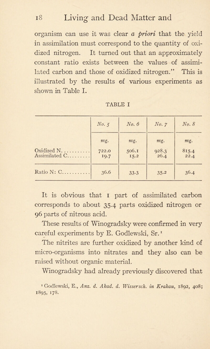 organism can use it was clear a priori that the yield in assimilation must correspond to the quantity of oxi- dized nitrogen. It turned out that an approximately constant ratio exists between the values of assimi- lated carbon and those of oxidized nitrogen.” This is illustrated by the results of various experiments as shown in Table I. TABLE I No. 5 No. 6 No. 7 No. 8 mg. mg. mg. mg. Oxidized N 722.0 506.1 928.3 815.4 Assimilated C 19.7 15-2 26.4 22.4 Ratio N: C 36.6 33-3 35-2 36.4 It is obvious that I part of assimilated carbon corresponds to about 35.4 parts oxidized nitrogen or 96 parts of nitrous acid. These results of Winogradsky were confirmed in very careful experiments by E. Godlewski, Sr.1 The nitrites are further oxidized by another kind of micro-organisms into nitrates and they also can be raised without organic material. Winogradsky had already previously discovered that 1 Godlewski, E., Anz. d. Akad. d. Wissersch. in Krakau, 1892, 408; 1895. 178.