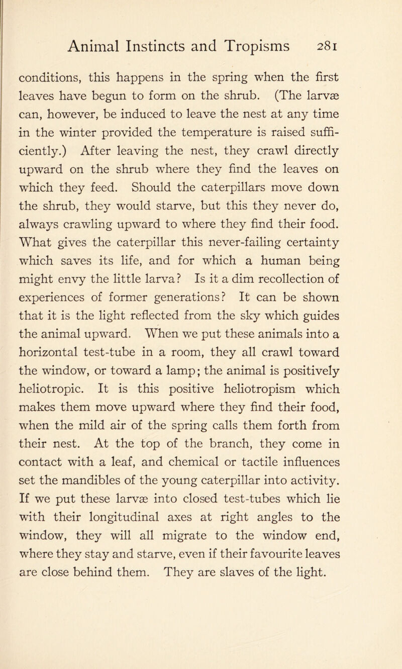 conditions, this happens in the spring when the first leaves have begun to form on the shrub. (The larvae can, however, be induced to leave the nest at any time in the winter provided the temperature is raised suffi- ciently.) After leaving the nest, they crawl directly upward on the shrub where they find the leaves on which they feed. Should the caterpillars move down the shrub, they would starve, but this they never do, always crawling upward to where they find their food. What gives the caterpillar this never-failing certainty which saves its life, and for which a human being might envy the little larva ? Is it a dim recollection of experiences of former generations? It can be shown that it is the light reflected from the sky which guides the animal upward. When we put these animals into a horizontal test-tube in a room, they all crawl toward the window, or toward a lamp; the animal is positively heliotropic. It is this positive heliotropism which makes them move upward where they find their food, when the mild air of the spring calls them forth from their nest. At the top of the branch, they come in contact with a leaf, and chemical or tactile influences set the mandibles of the young caterpillar into activity. If we put these larvas into closed test-tubes which lie with their longitudinal axes at right angles to the window, they will all migrate to the window end, where they stay and starve, even if their favourite leaves are close behind them. They are slaves of the light.