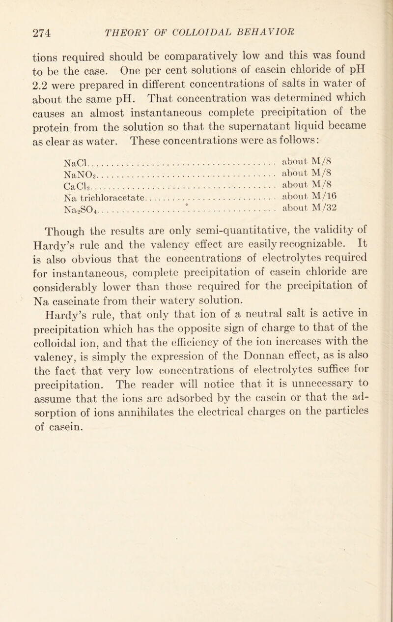 tions required should be comparatively low and this was found to be the case. One per cent solutions of casein chloride of pH 2.2 were prepared in different concentrations of salts in water of about the same pH. That concentration was determined which causes an almost instantaneous complete precipitation of the protein from the solution so that the supernatant liquid became as clear as water. These concentrations were as follows: NaCl about M/8 NaN03 about M/8 CaCl2 about M/8 Na trichloracetate about M/16 Na2S04 * about M/32 Though the results are only semi-quantitative, the validity of Hardy’s rule and the valency effect are easily recognizable. It is also obvious that the concentrations of electrolytes required for instantaneous, complete precipitation of casein chloride are considerably lower than those required for the precipitation of Na caseinate from their watery solution. Hardy’s rule, that only that ion of a neutral salt is active in precipitation which has the opposite sign of charge to that of the colloidal ion, and that the efficiency of the ion increases with the valency, is simply the expression of the Donnan effect, as is also the fact that very low concentrations of electrolytes suffice for precipitation. The reader will notice that it is unnecessary to assume that the ions are adsorbed by the casein or that the ad- sorption of ions annihilates the electrical charges on the particles of casein.