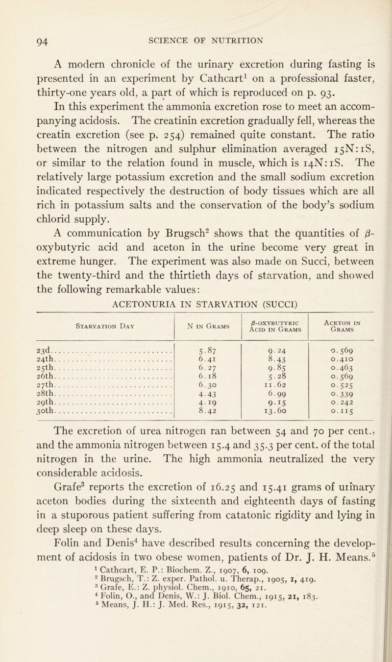 A modern chronicle of the urinary excretion during fasting is presented in an experiment by Cathcart1 on a professional faster, thirty-one years old, a part of which is reproduced on p. 93. In this experiment the ammonia excretion rose to meet an accom- panying acidosis. The creatinin excretion gradually fell, whereas the creatin excretion (see p. 254) remained quite constant. The ratio between the nitrogen and sulphur elimination averaged i5N:iS, or similar to the relation found in muscle, which is iqNriS. The relatively large potassium excretion and the smad sodium excretion indicated respectively the destruction of body tissues which are all rich in potassium salts and the conservation of the body’s sodium chlorid supply. A communication by Brugsch2 shows that the quantities of /3- oxybutyric acid and aceton in the urine become very great in extreme hunger. The experiment was also made on Succi, between the twenty-third and the thirtieth days of starvation, and showed the following remarkable values: ACETONURIA IN STARVATION (SUCCI) Starvation Day N in Grams /S-OXYBUTYRIC Acid in Grams Aceton in Grams 23d 5.87 9. 24 0.569 24th 6.41 8-43 0.410 25th 6.27 9-85 0.463 26th 6.18 5.28 0.569 27th 6.30 11.62 0-525 28th 4-43 6.99 0-339 29th 4.19 9-i5 0.242 3oth 8.42 13.60 0.115 The excretion of urea nitrogen ran between 54 and 70 per cent., and the ammonia nitrogen between 15.4 and 35.3 per cent, of the total nitrogen in the urine. The high ammonia neutralized the very considerable acidosis. Grafe3 reports the excretion of 16.25 and I5'4I grams of urinary aceton bodies during the sixteenth and eighteenth days of fasting in a stuporous patient suffering from catatonic rigidity and lying in deep sleep on these days. Folin and Denis4 have described results concerning the develop- ment of acidosis in two obese women, patients of Dr. J. H. Means.5 1 Cathcart, E. P.: Biochem. Z., 1907, 6, 109. 2 Brugsch, T.: Z. exper. Pathol, u. Therap., 1905, 1, 419. 3 Grafe, E.: Z. physiol. Chem., 1910, 65, 21. 4 Folin, O., and Denis, W.: j. Biol. Chem., 1915, 21, 183. 6 Means, J. H.: J. Med. Res., 1915, 32, 121.